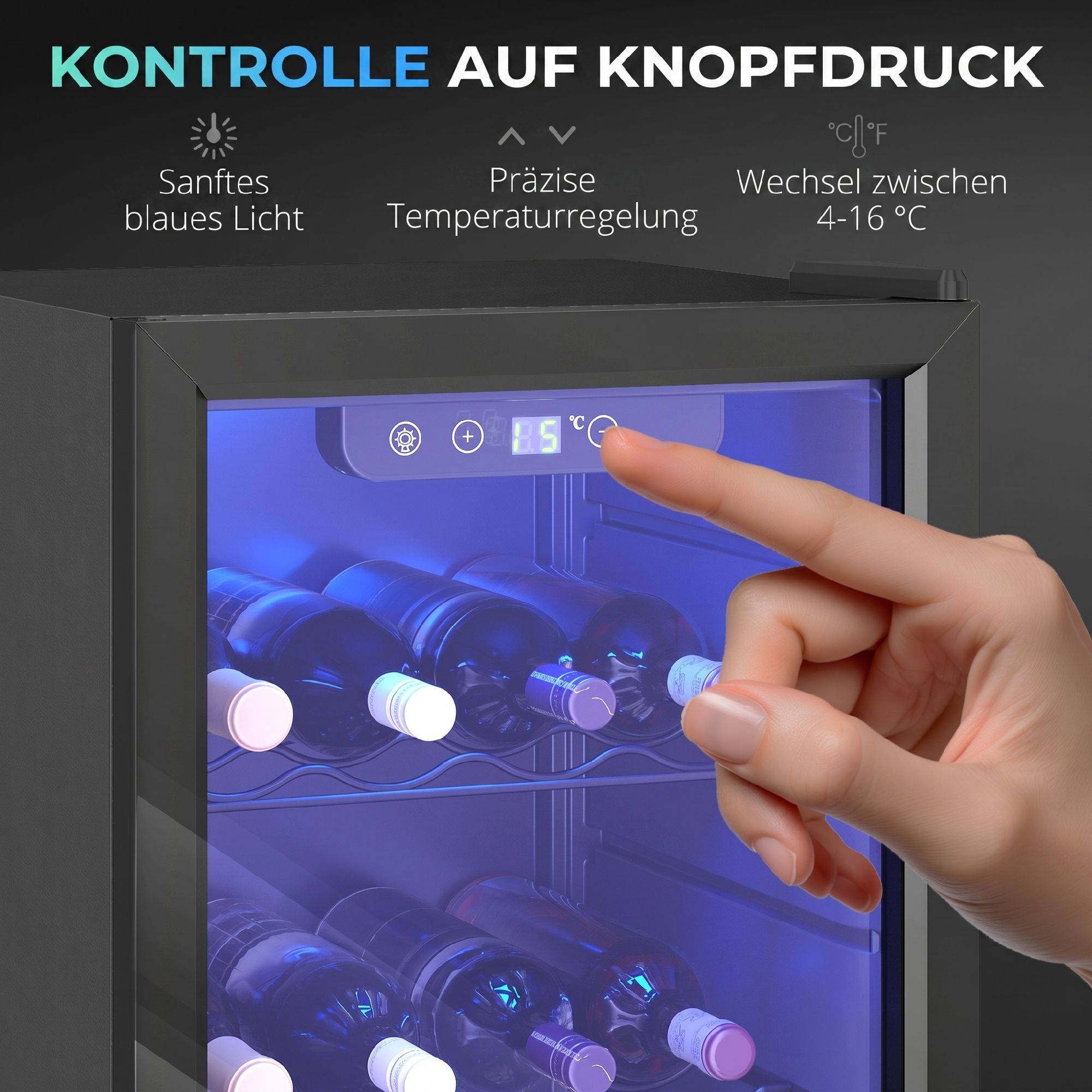 Weinkühlschrank 24 Flaschen, 68 Liter Kapazität, 4–16 °C Standgerät für Getränke, Bier und Wein mit Glas-Tür, Schwarz