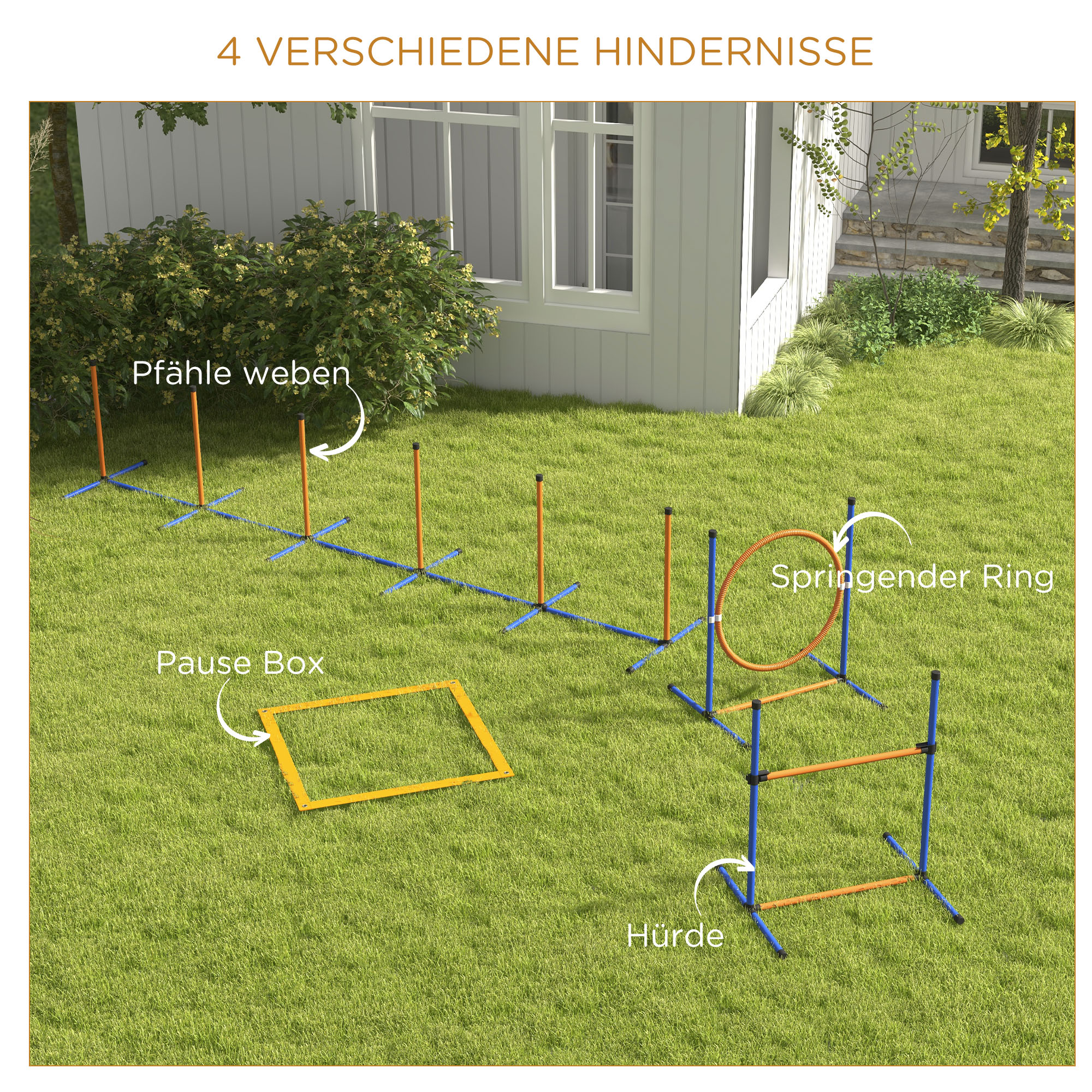 Hunde-Agiliy-Set Hundeparcours, 1 Reifen, 1 Hürde, 1 Slalom-Set, 352 cm x 66 cm x 69 cm, Blau + Rot