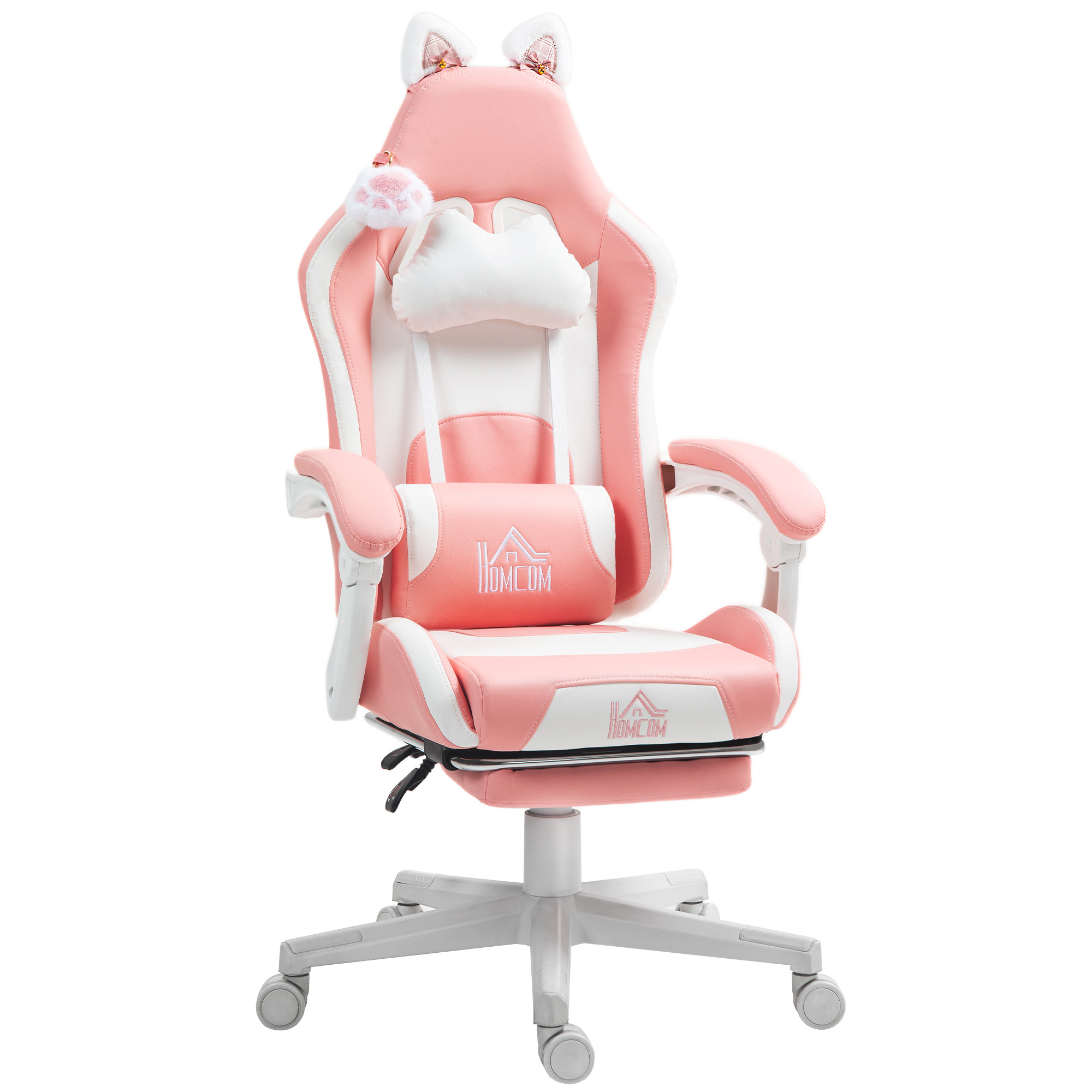 Gaming-Sessel mit Katzenohren, neigbare Lehne, ausziehbare Fußstütze, bis 120 kg, Rosa/Weiß Gaming-Sessel mit Katzenohren, neigbare Lehne, ausziehbare Fußstütze, bis 120 kg, Rosa/Weiß