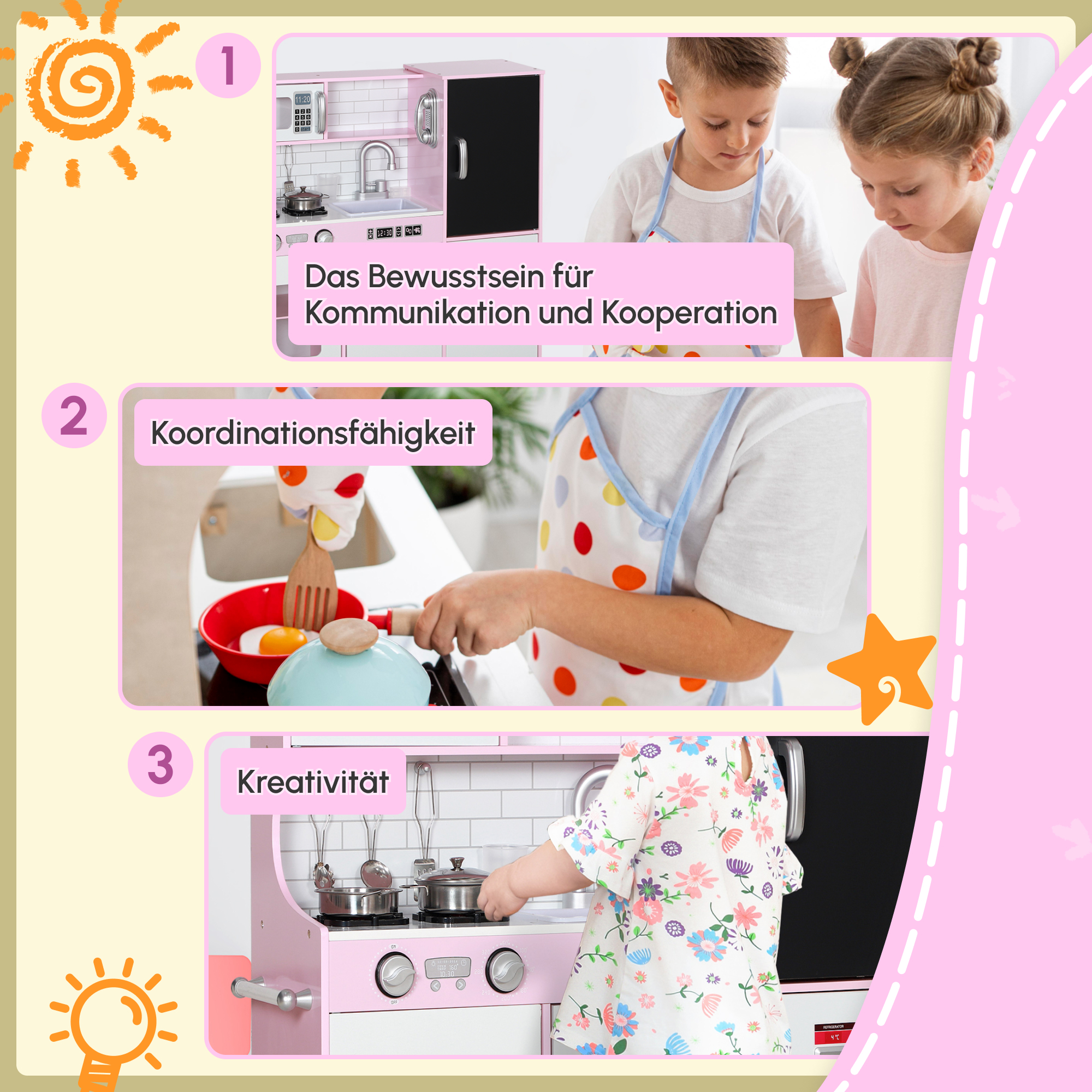Spielküchen-Set mit Töpfen, Tafel, Telefon, Eismaschine, Herd, 83,8 x 26,8 x 81 cm, Pink