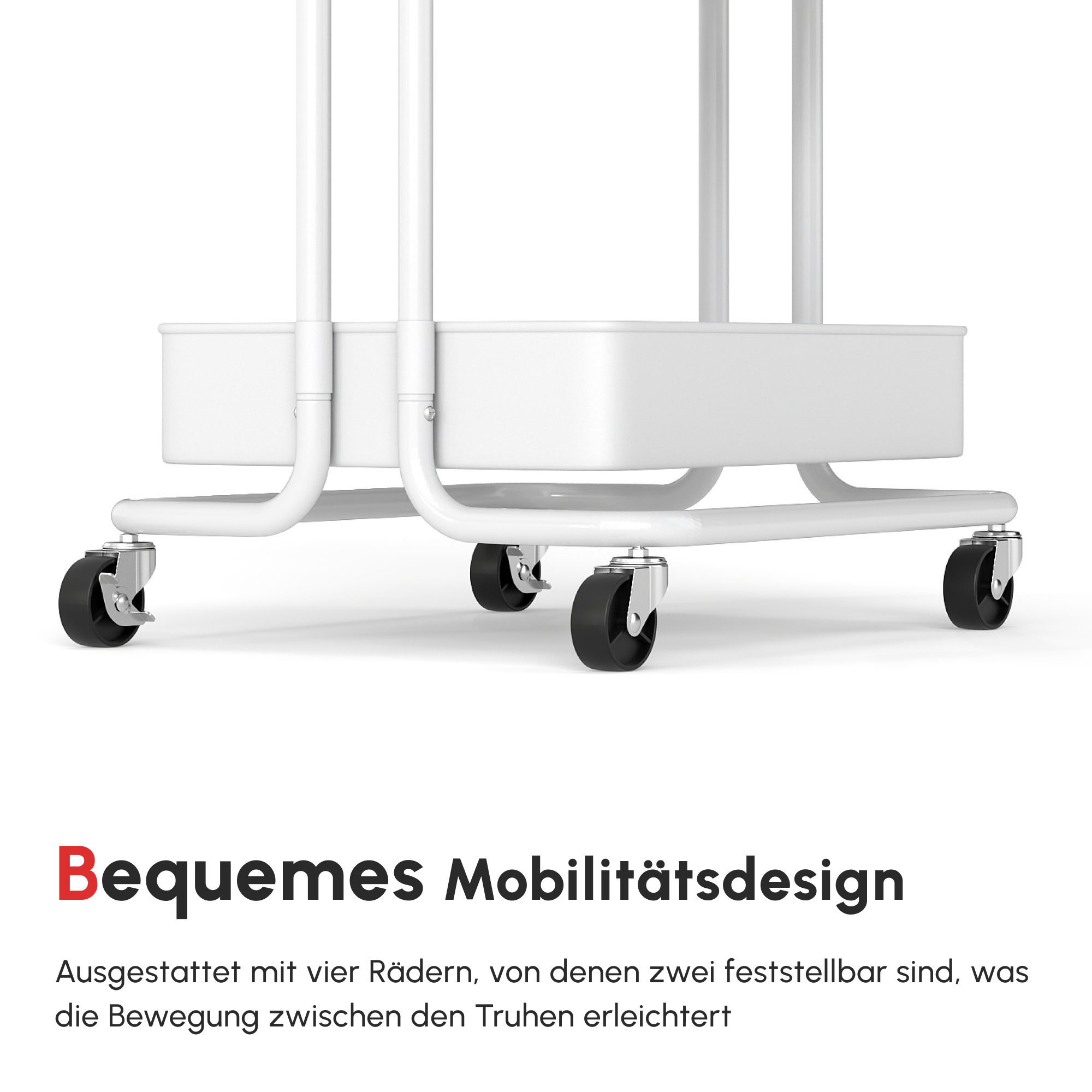 Rollwagen, Servierwagen, 3 Ablagekörbe, 3 Hängeboxen, 4 Haken, Metallrahmen, 42 x 38 x 86,5cm, Weiß