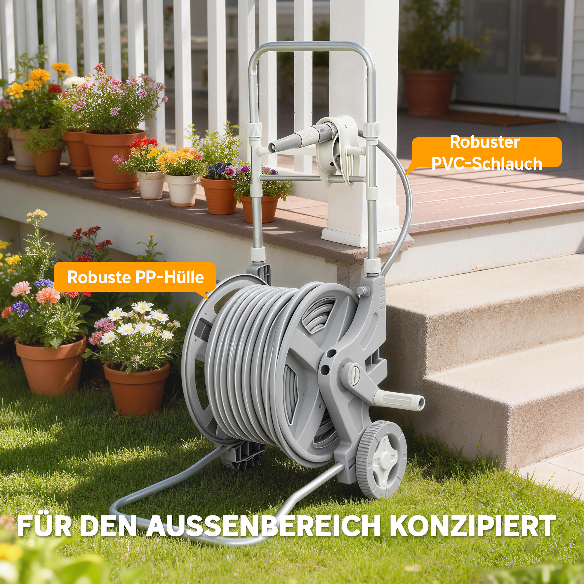 Schlauchwagen 45 m Schlauchtrommel mit 2 Sprühmustern, Wasserhahnadapter Kurbel 2 Rädern 45 x 44 x 78 cm Grau