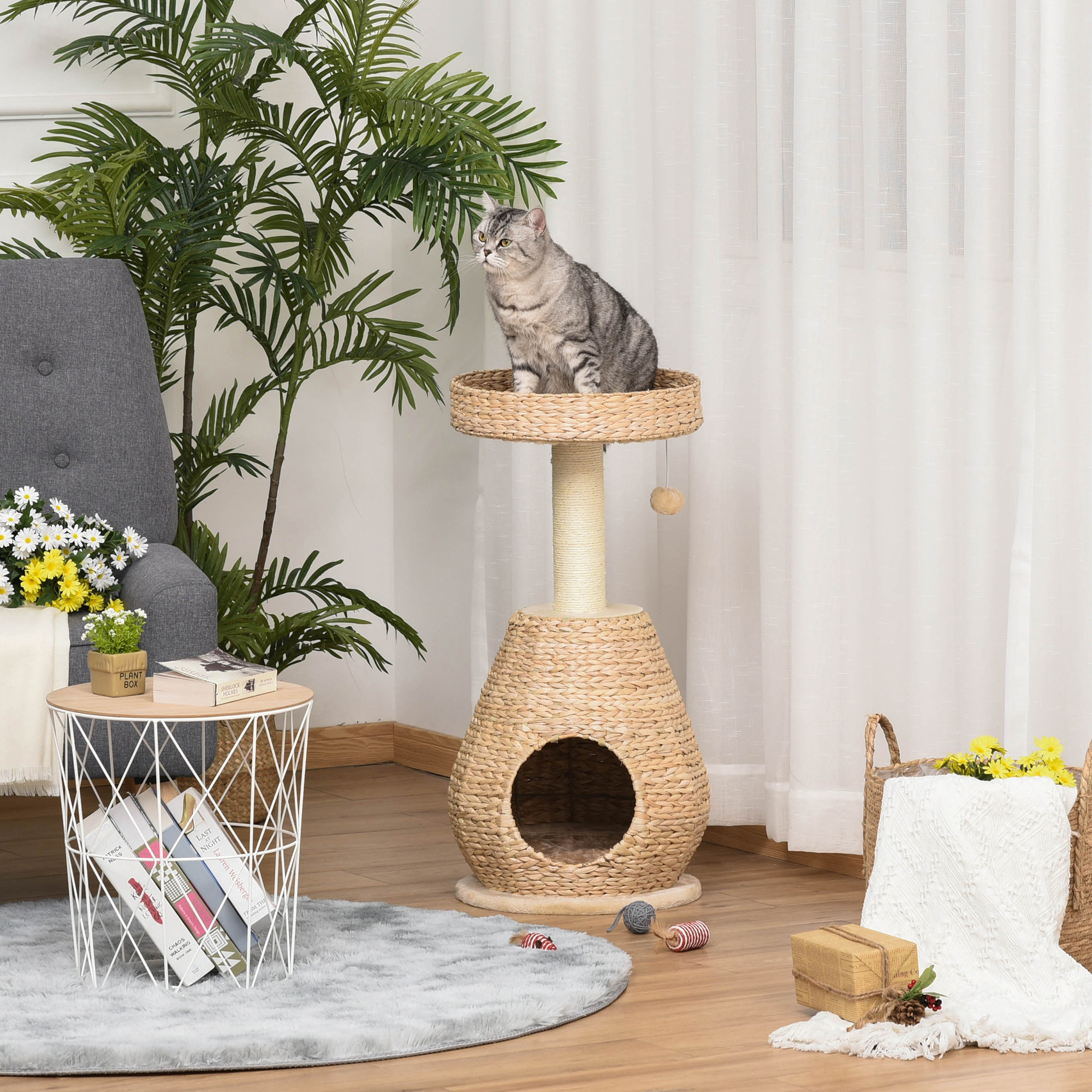 Katzenbaum Kratzbaum Kätzchen Möbel mit Katzenhöhle Ballspielzeug Sisal weiche Plüsch Höhe 82,5 cm Gelb