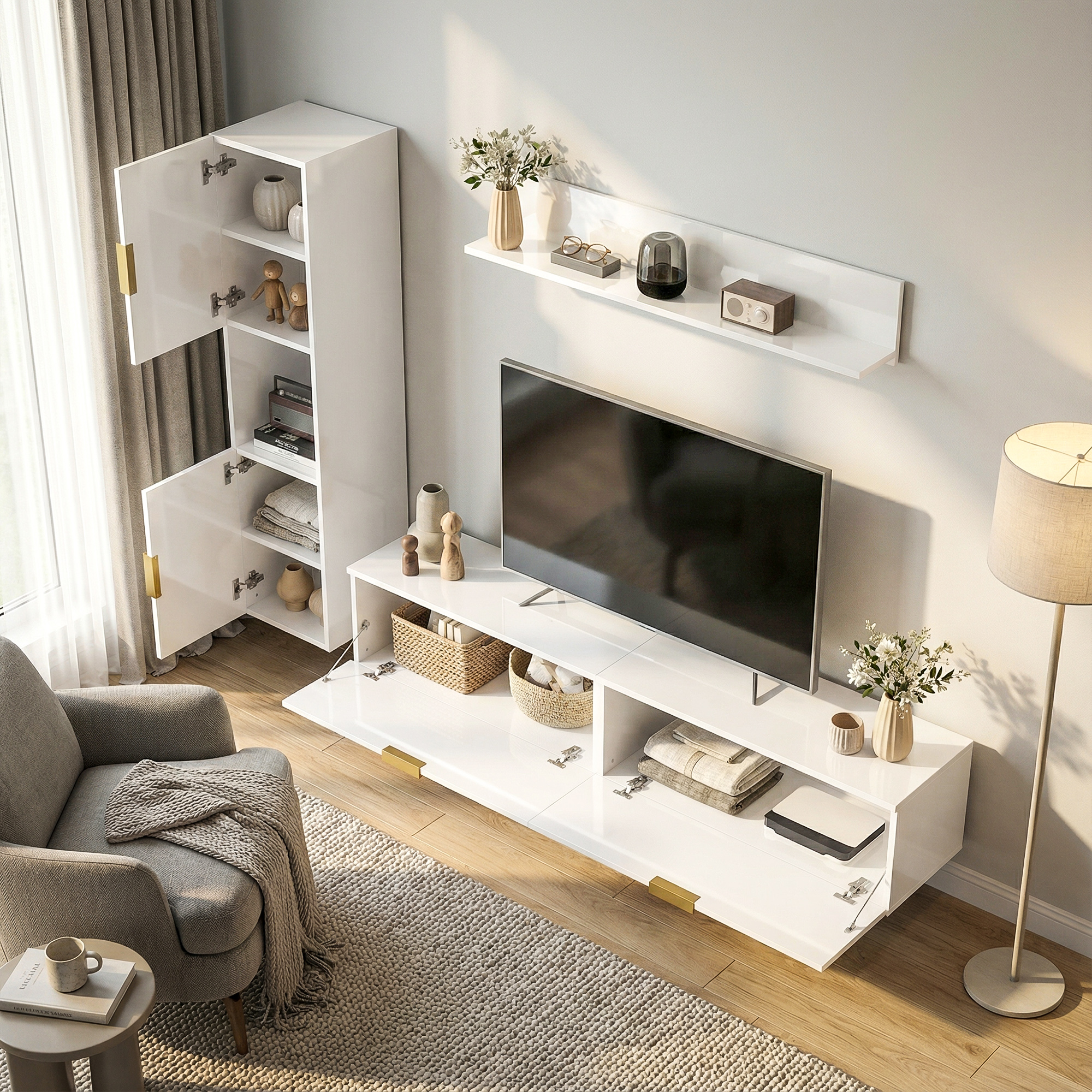 Schwebendes TV-Board mit Klapptüren Entertainment-Center Wandregal Schrank 180 cm Hochglanz Weiß