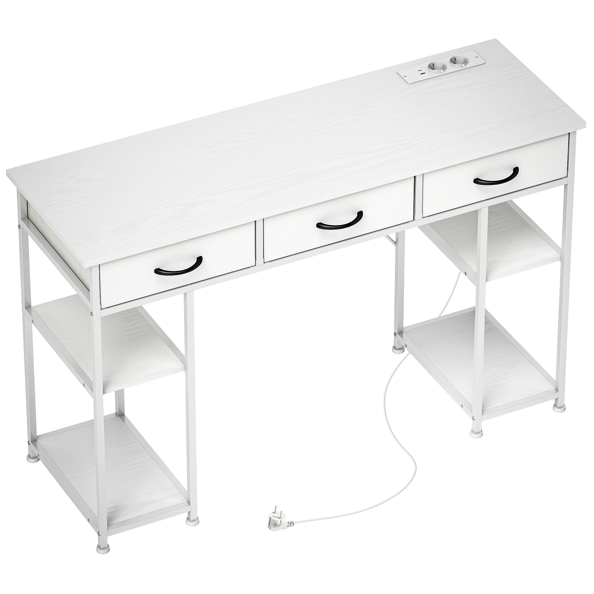 Schreibtisch Küchentisch mit 2 USB-Ladeanschlüssen 2 Steckdosen verstellbare Regale 3 Stoffschubladen 120x40x76 cm Weiß