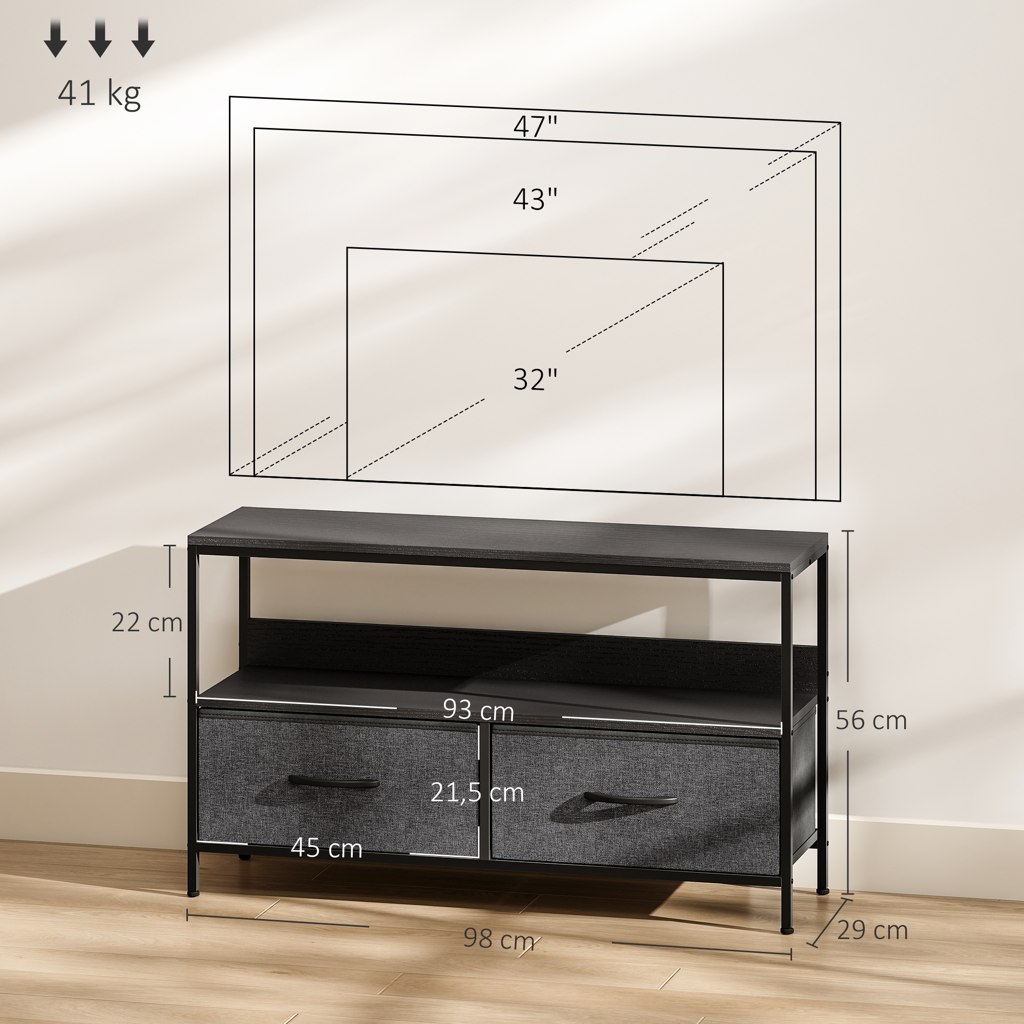TV Schrank Lowboard mit 2 Schubladen, offenem Fach, für Fernseher bis 47 Zoll, 98 x 29 x 56 cm, Schwarz+Dunkelgrau