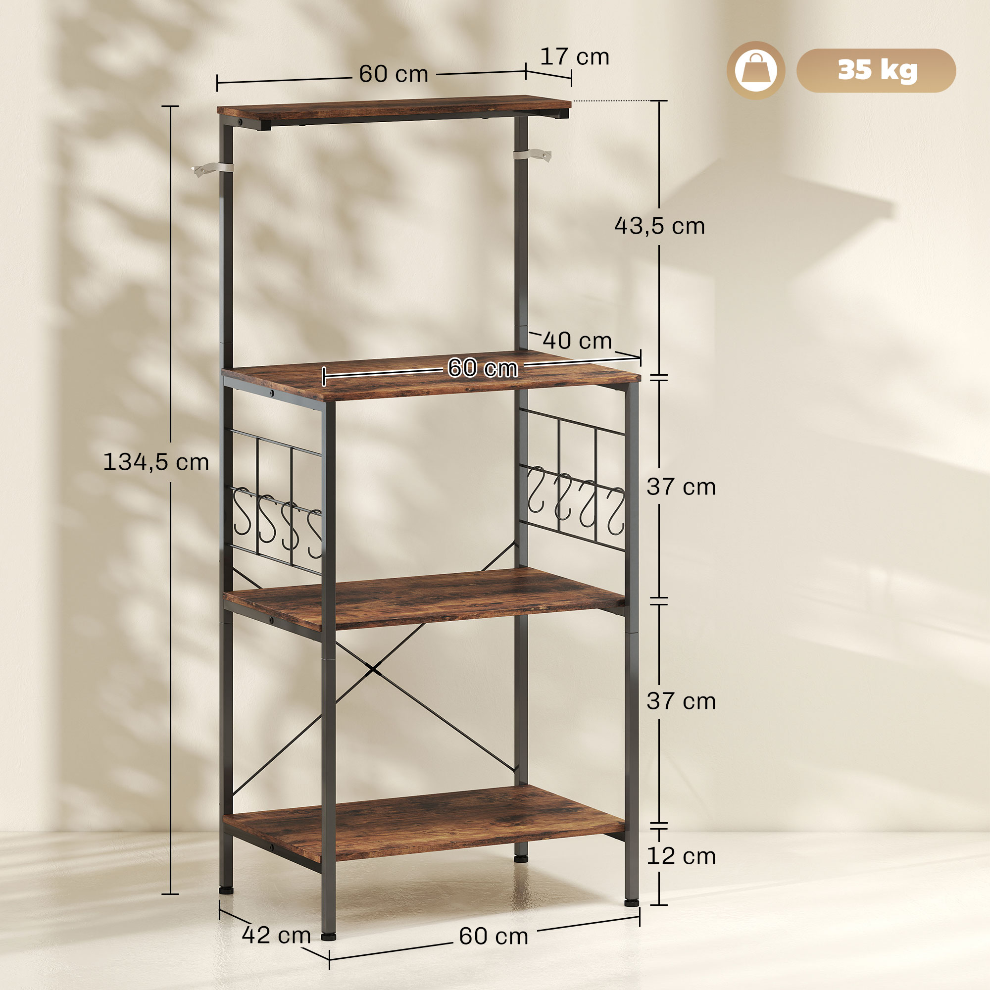 Küchenregal, 4-stufiges Design, Arbeitsplatte, 8 Haken, Metallrohre, Braun+Schwarz