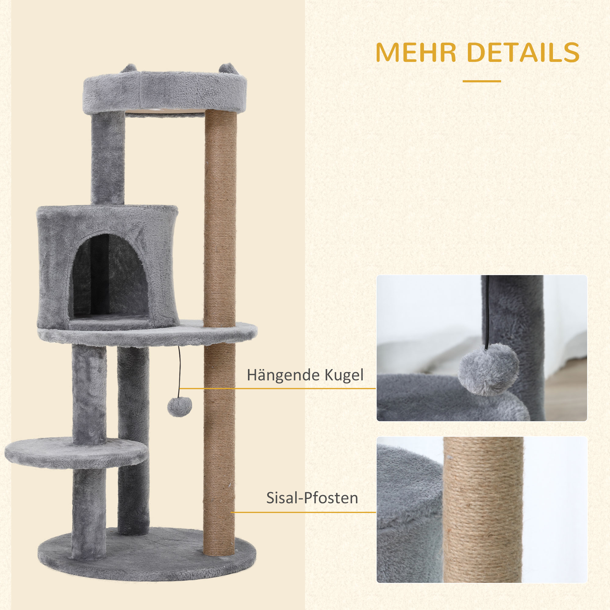 Katzenbaum 4-Stock Katzenhöhle Katzenhaus mit Spielbällen Sitzstange Sisalsäule und Kratzbrett groß stabil luxuriös Sisal Plüsch Grau 48x48x104 cm