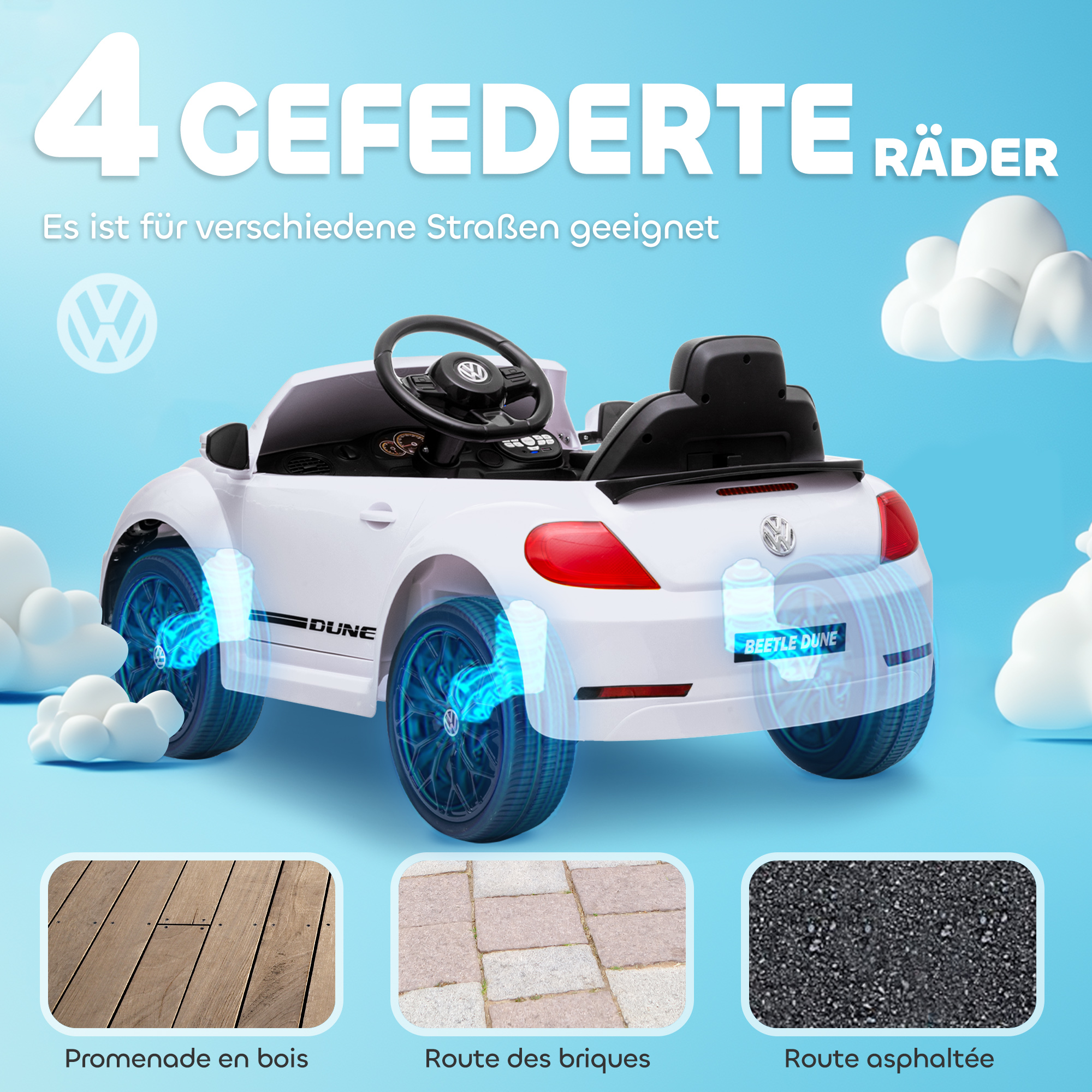 Elektro-Kinderfahrzeug, VW Käfer, 3-5 km/h, mit Fernbedienung & Musik, Weiß