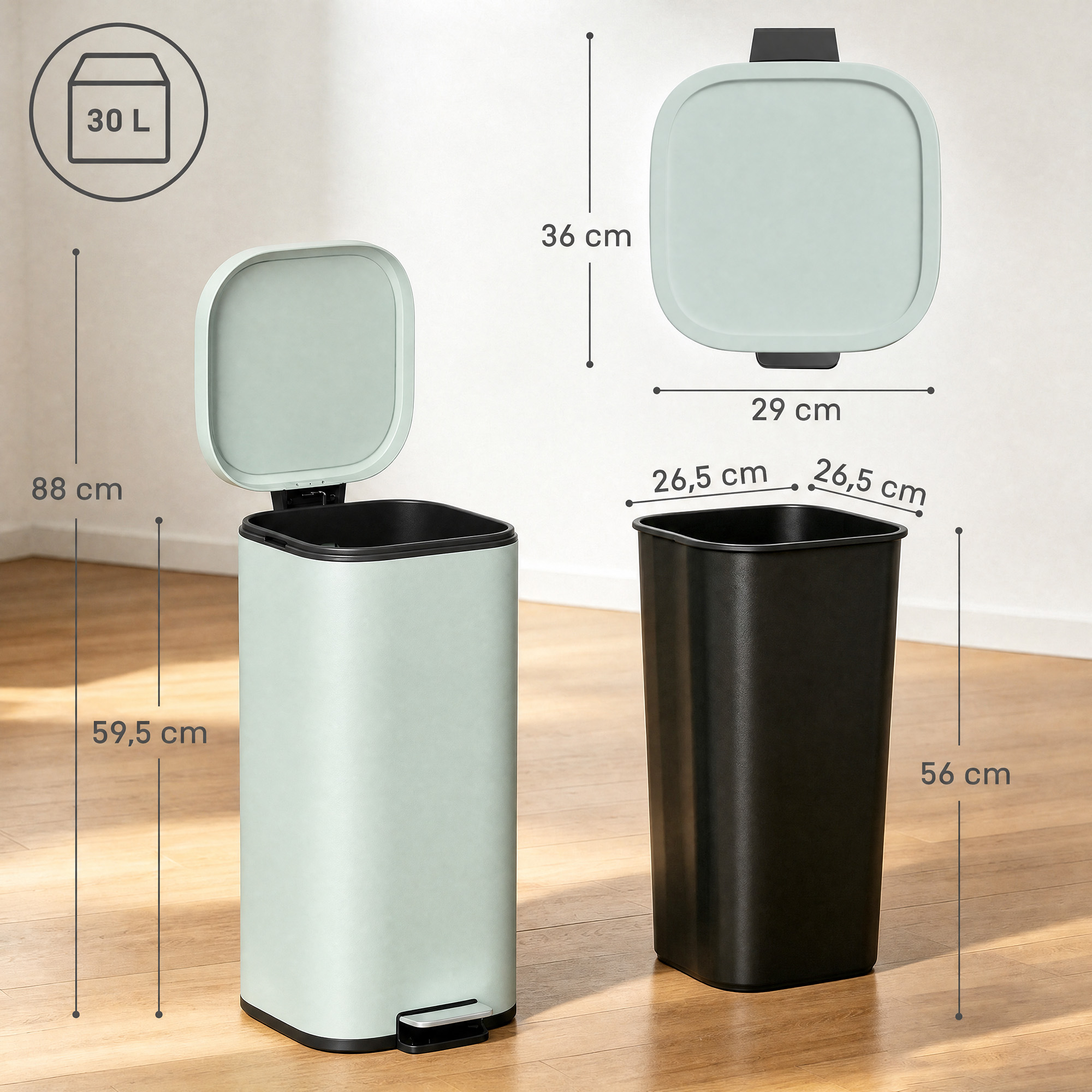 30L Küchenmülleimer Pedaleimer mit Deckel, Soft-Close- und Offenhalte-Funktion für Küche, Zuhause