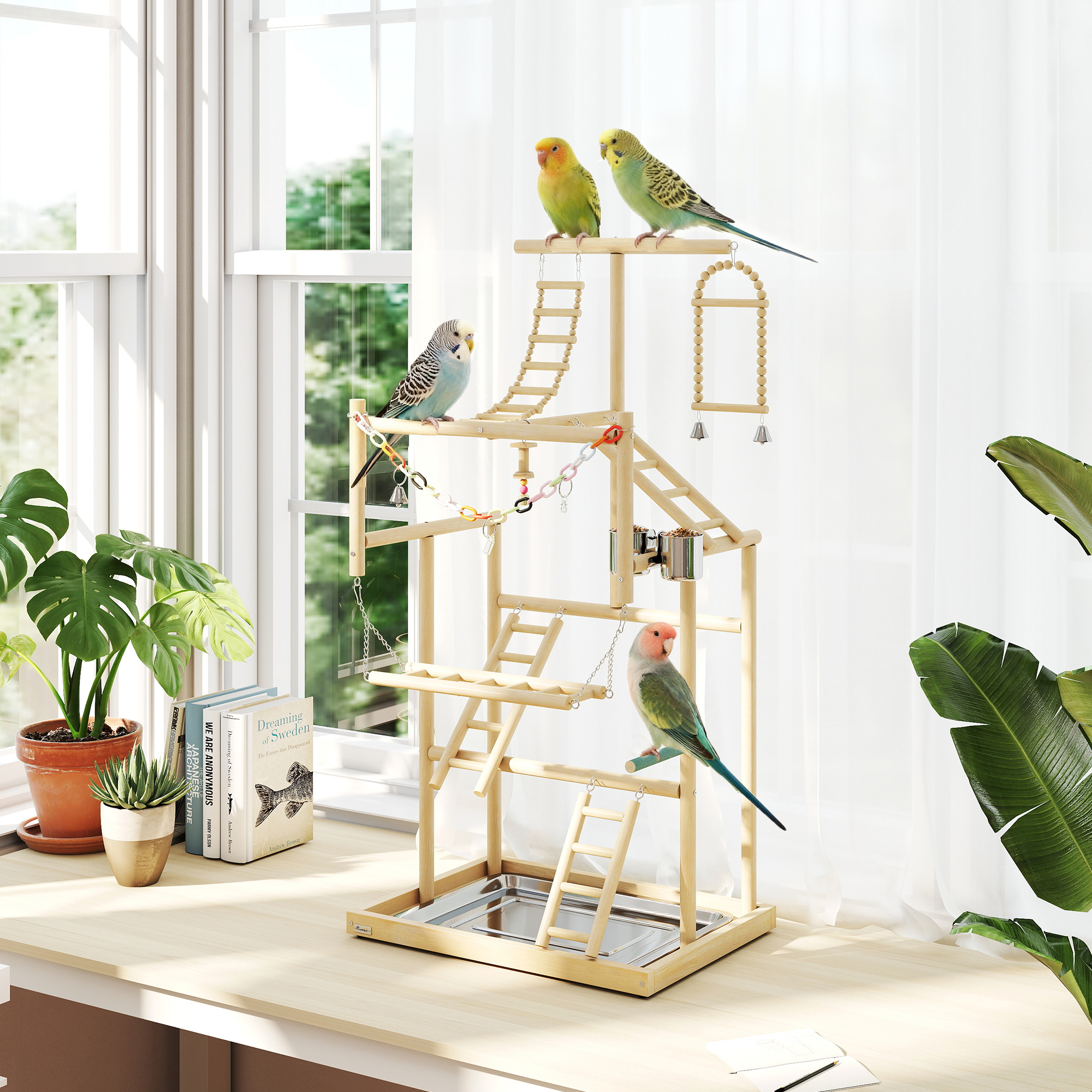 Vogelständer, Vogelstangen-Set, 4 Ebenen, Edelstahltablett, Spielzeug, Naturholz