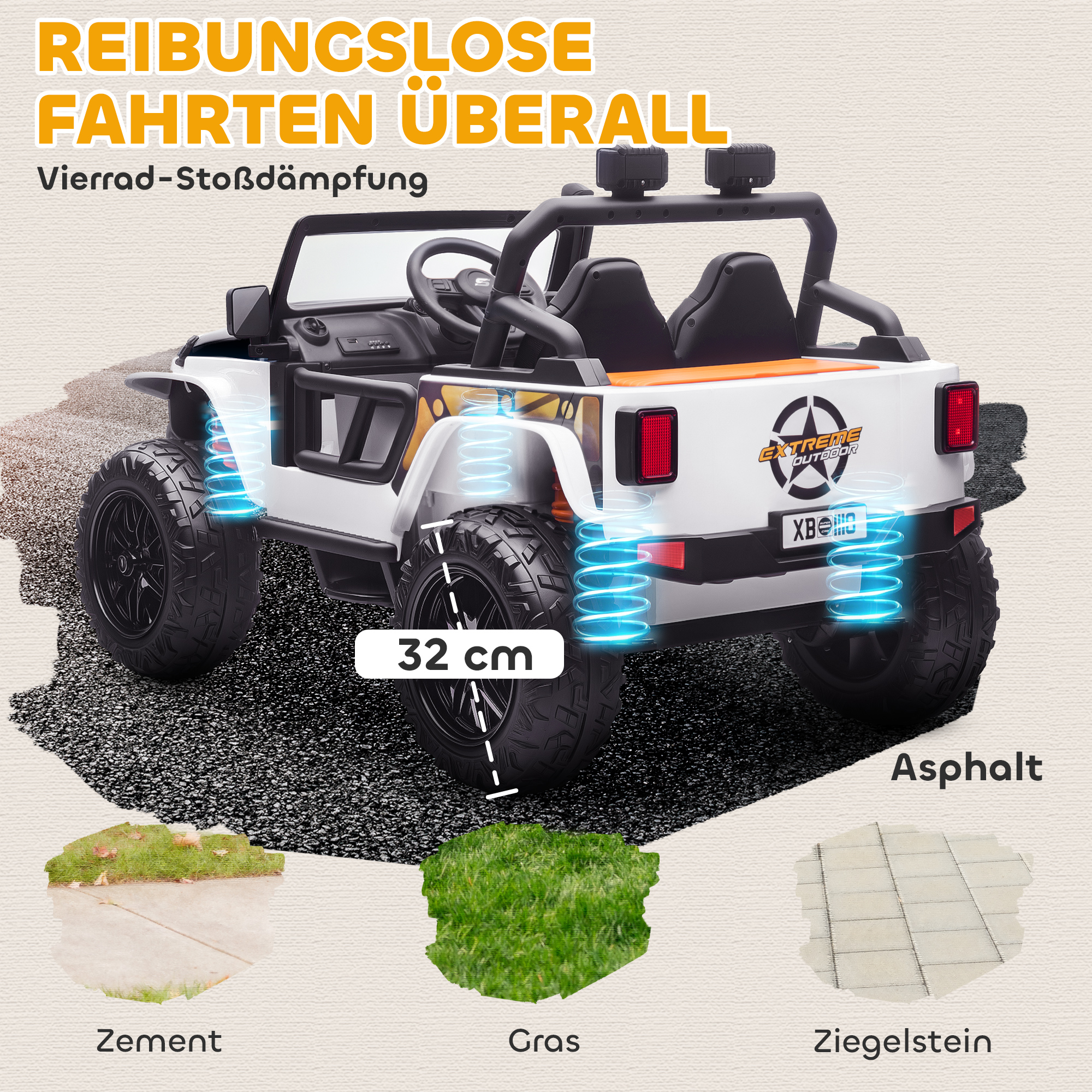 Elektrofahrzeug für Kinder, 12V Batterie, mit Eltern-Kind-Sitz, fernsteuerbar, Musik, Hupe, LED-Lichter, 3-8 Jahre, Weiß