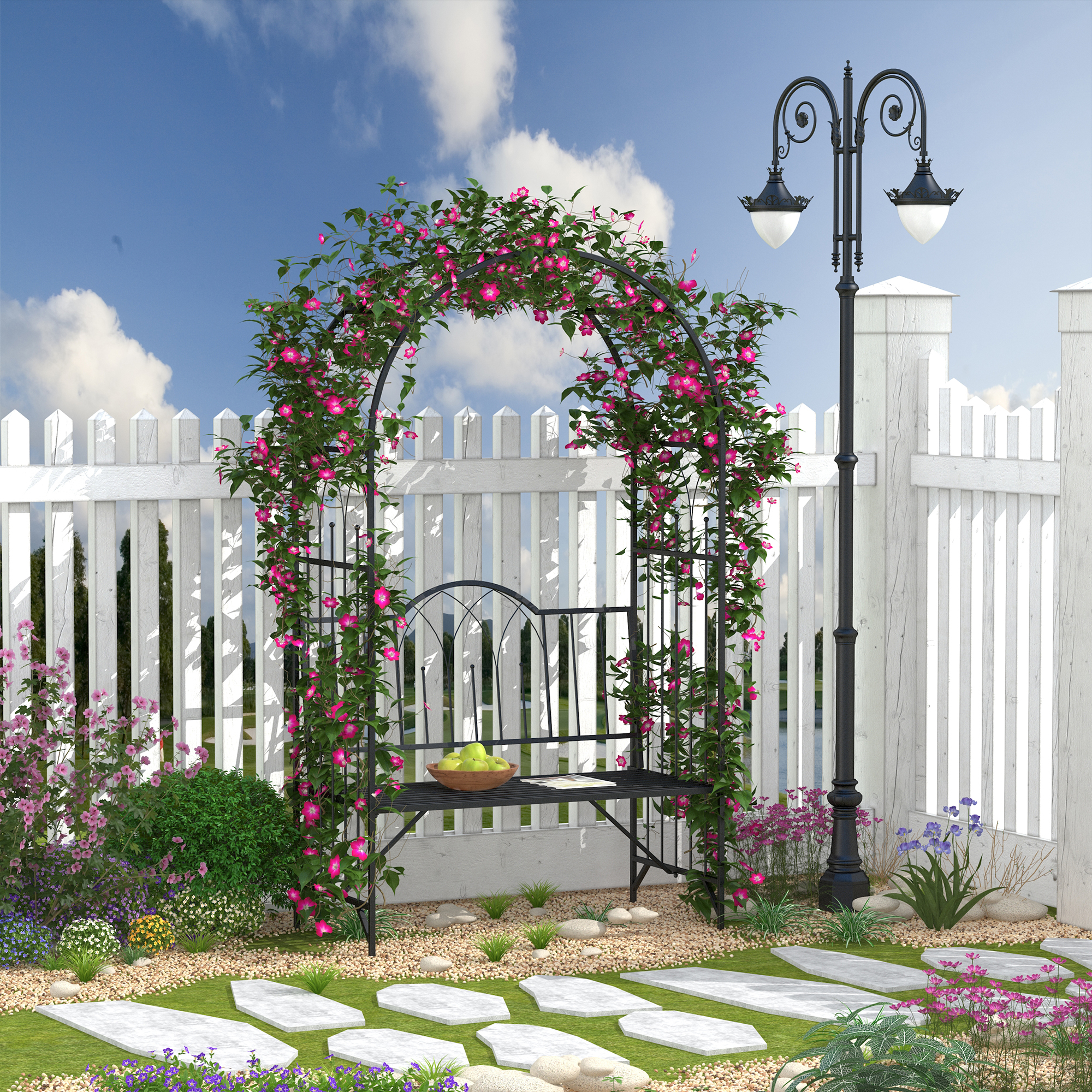 Rosenbogen mit Bank Rosenbank Laubenbank Philosophenbank Rankgitter Rankhilfe Gartenbank Metall Schwarz 115 x 59 x 203 cm