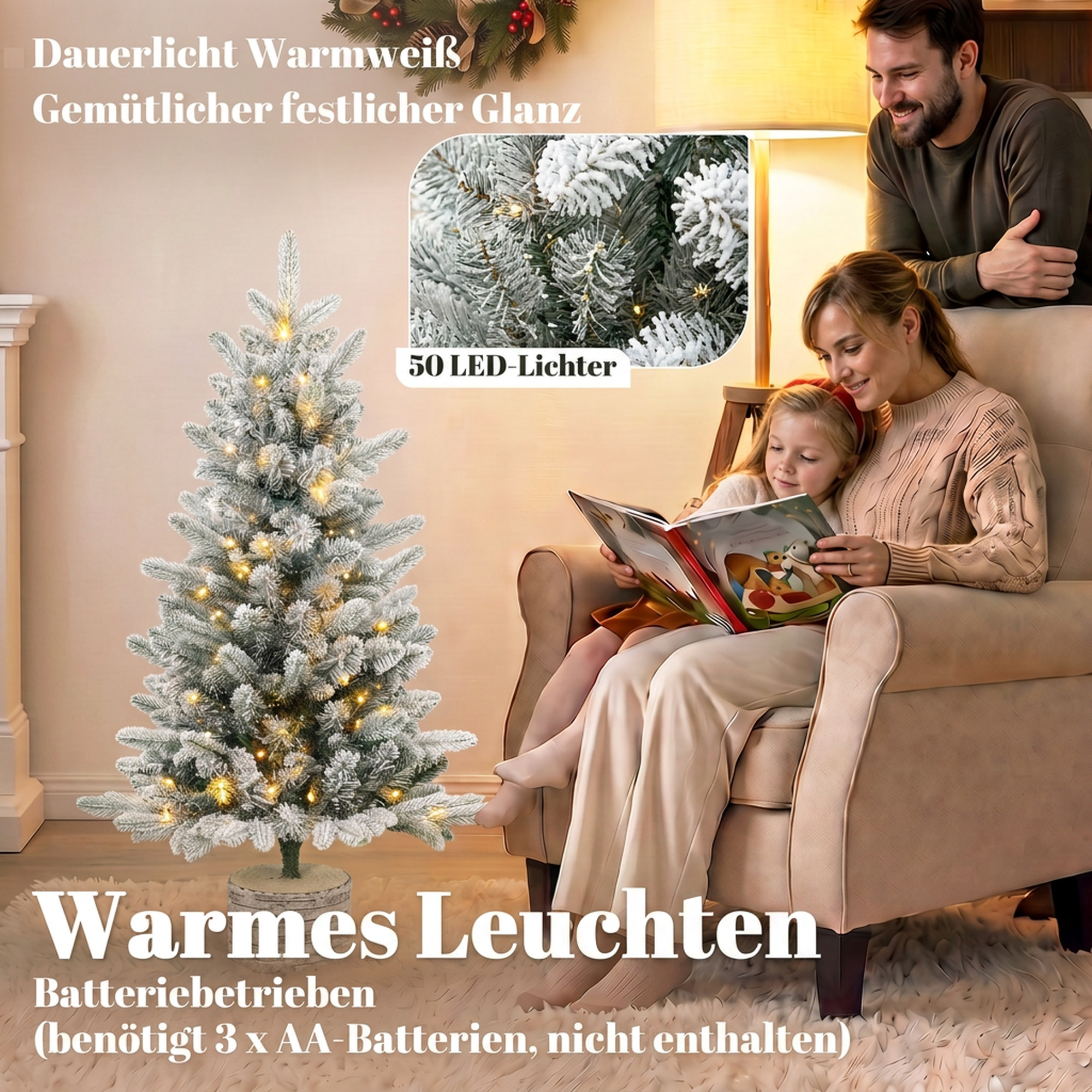 künstlicher Weihnachtsbaum, 90 cm Christbaum mit 50 LED-Beleuchtung 240 Spitzen Kunstschnee Magnesiumoxid-Sockel