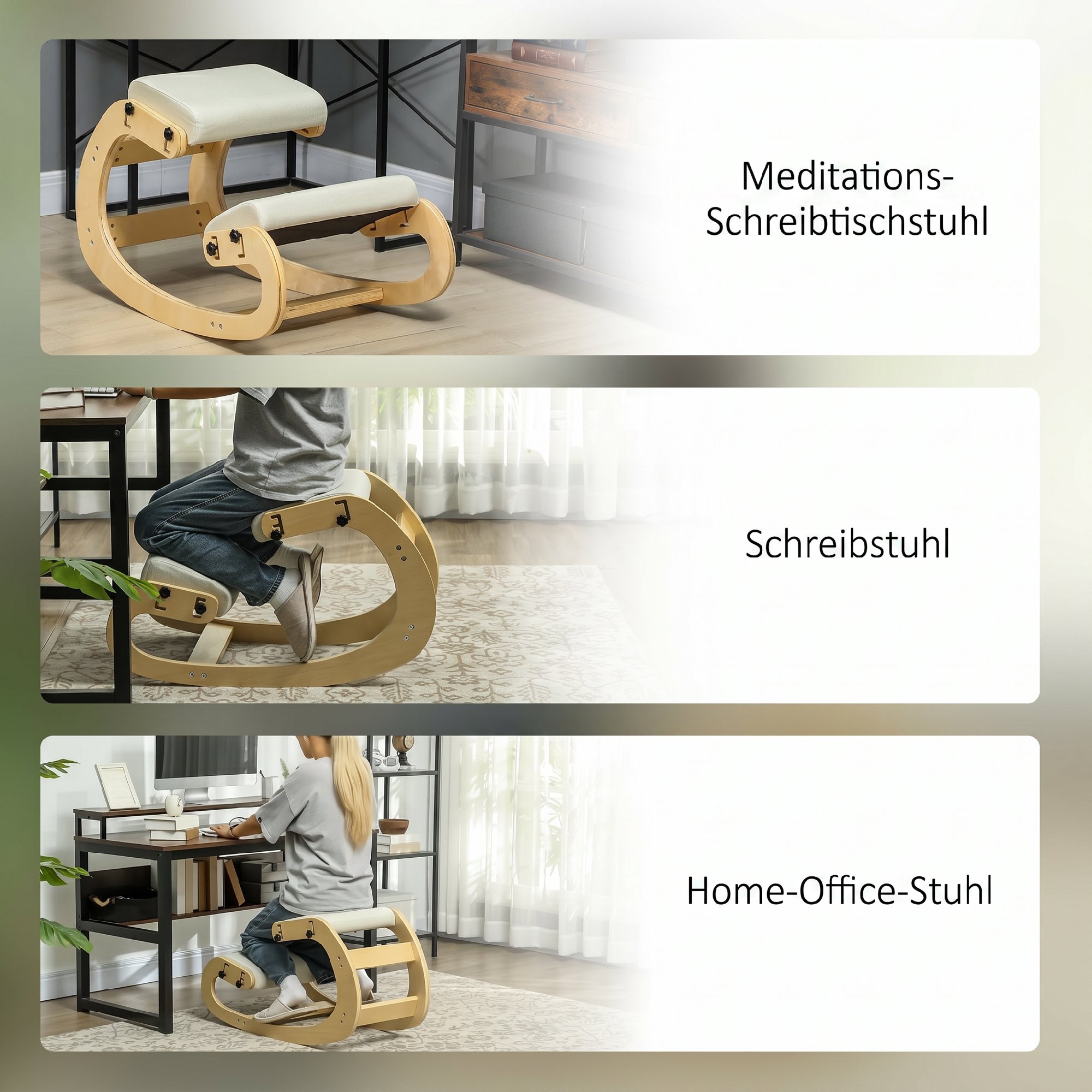 Ergonomischer Kniestuhl, Kniehocker mit 6 verstellbaren Einstellungen, Basis aus Holz Cremeweiß