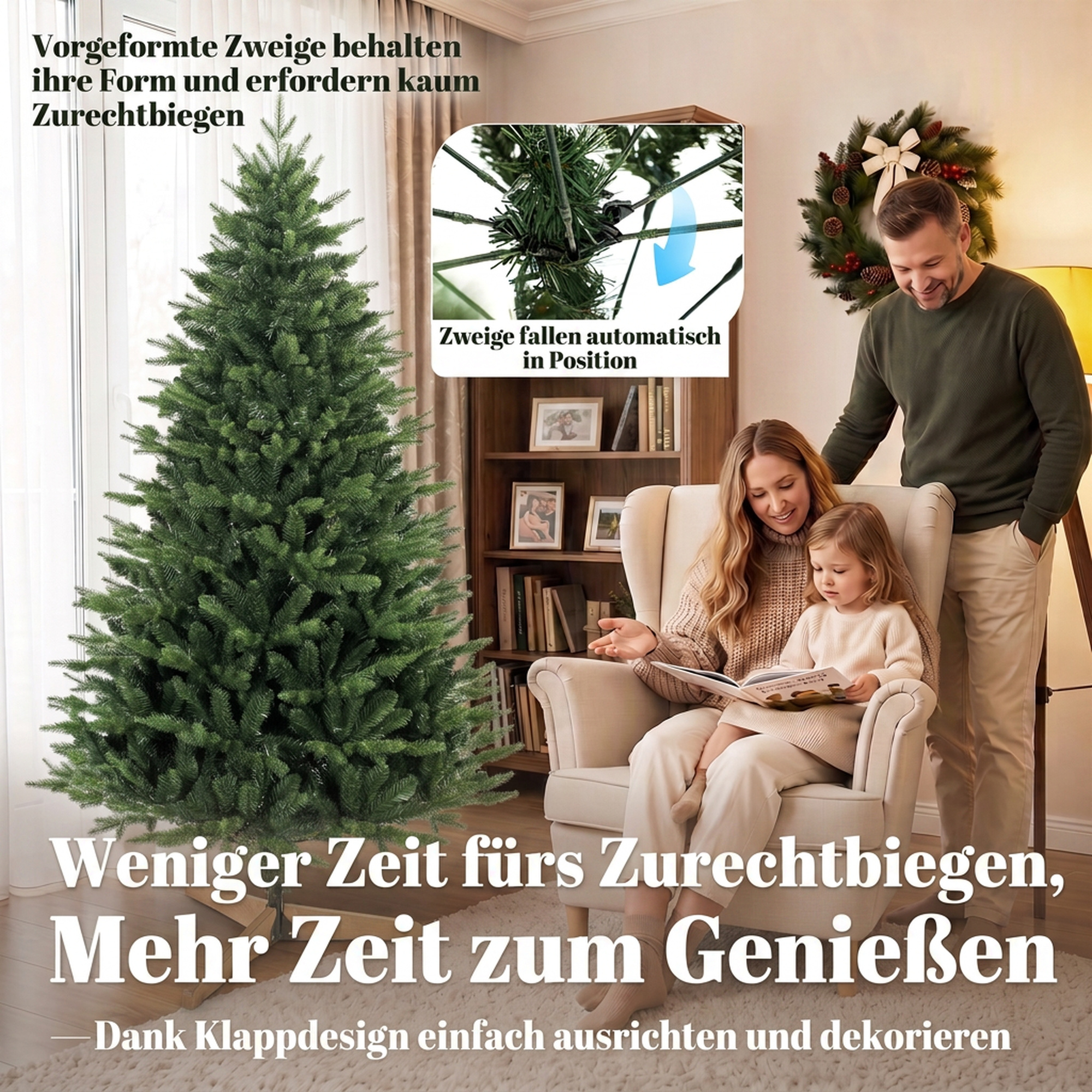 künstlicher Weihnachtsbaum 180 cm mit Kiefernholzständer, Nordic-Tanne mit Klappsystem, 889 Zweigspitzen, Grün