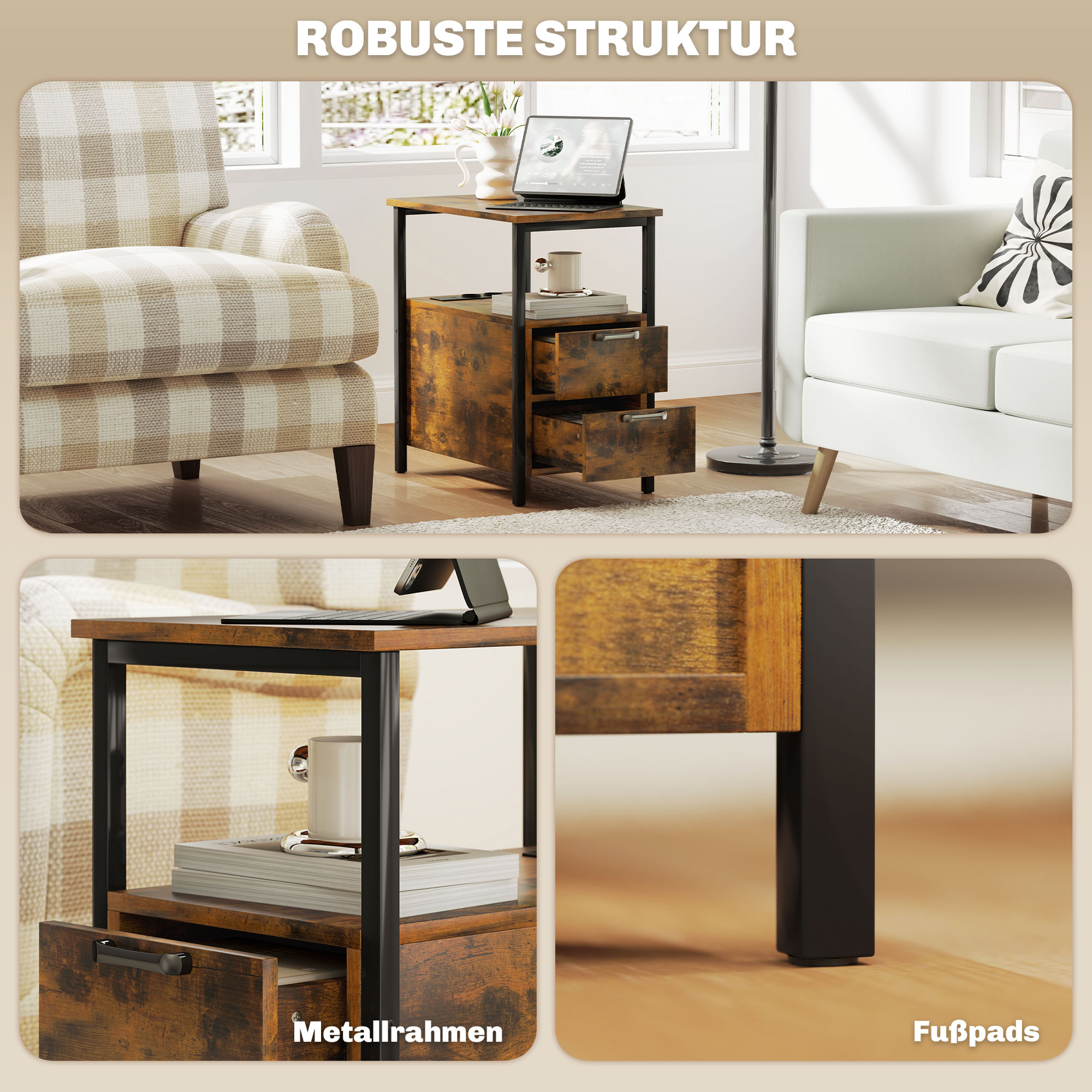 Beistelltisch mit Aufladestation, USB-Anschlüssen, Steckdosen, 2 Schubladen und Regal für Wohnzimmer, Schlafzimmer