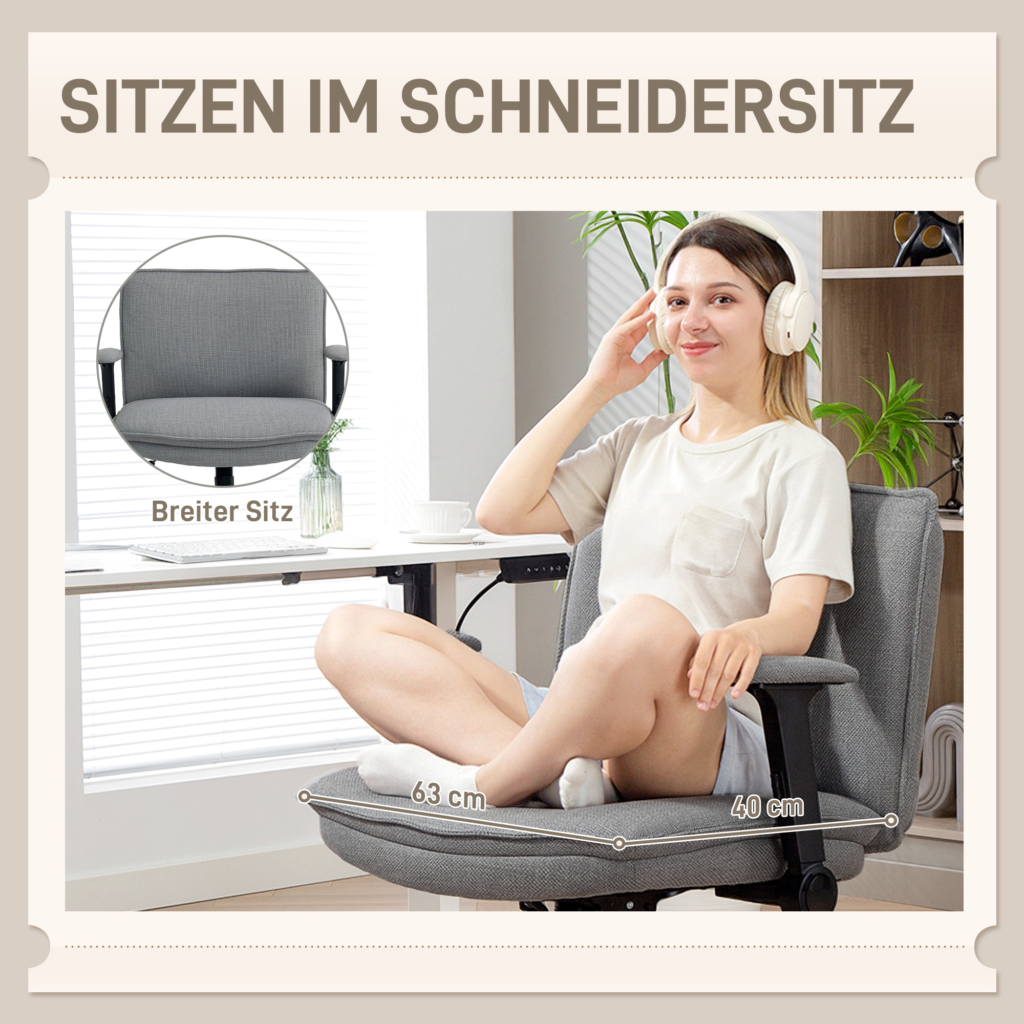 Bürostuhl mit hochklappbaren Armlehnen, breiter Schreibtischstuhl in Leinenoptik, höhenverstellbar, Stahlbasis, Grau