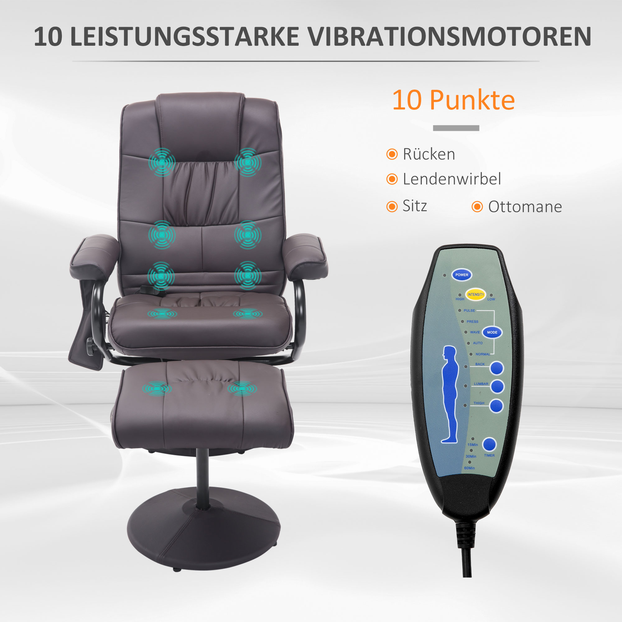 Massagesessel Relaxsessel, inkl. Fußhocker, 10 Vibrationspunkte, 1 Fernbedienung; 77 cm x 84 cm x 95 cm, Braun