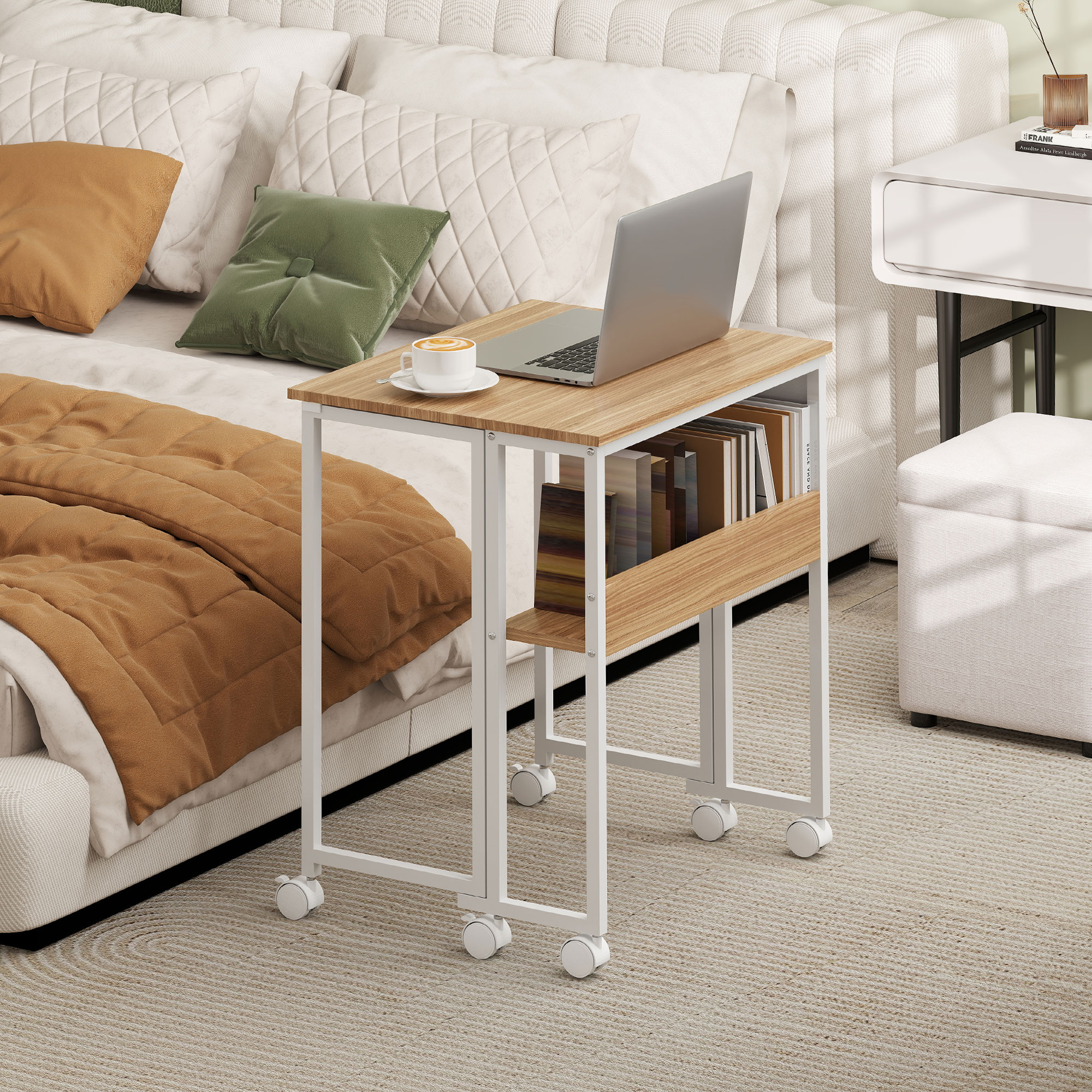 Faltbarer Schreibtisch, zum Beistelltisch umwandelbar, offenes Regal, Natur