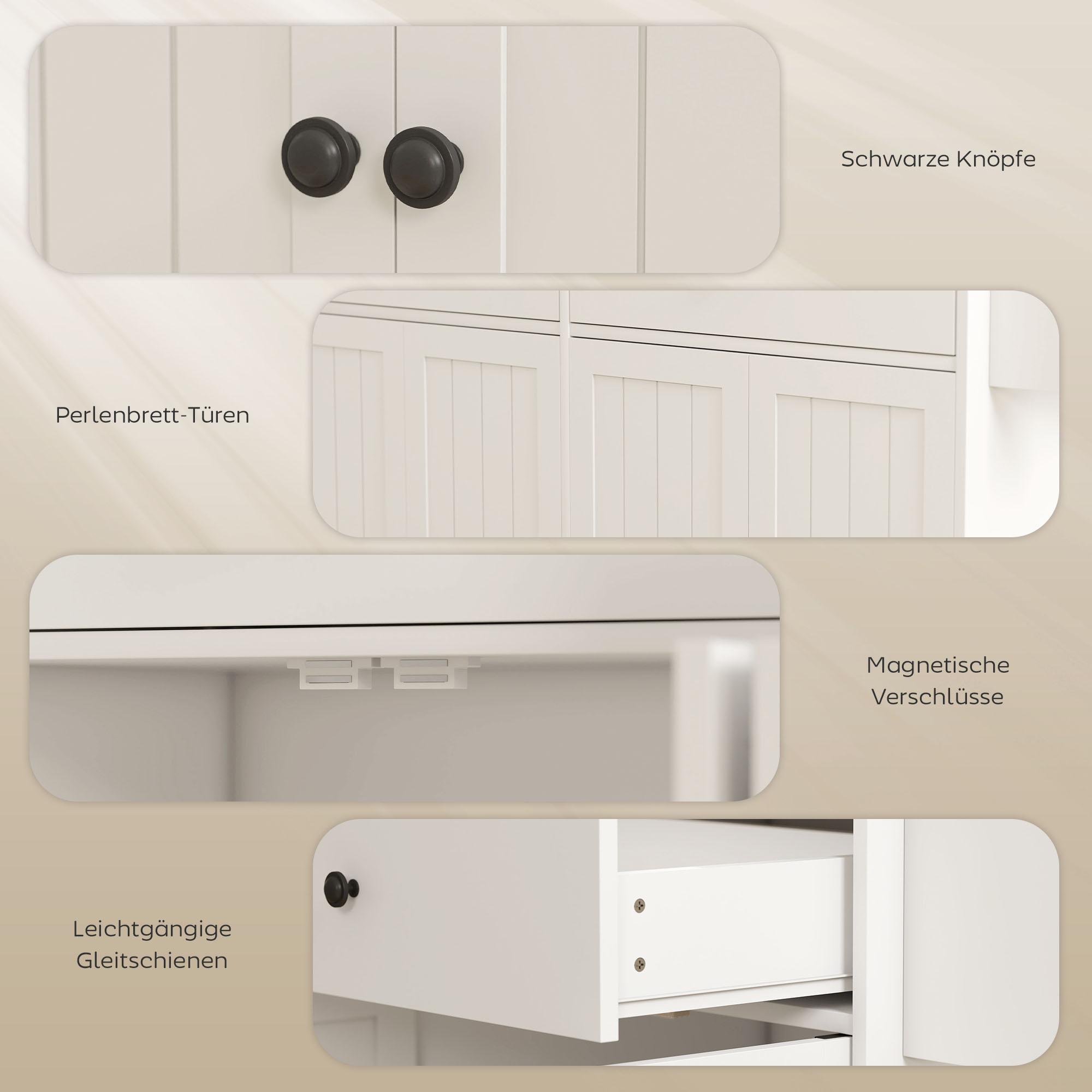 Rollbare Kücheninsel, 2 Schubladen, 2 Schränke, verschiebbar, Gewürzregal, Handtuchhalter, Messerhalter, MDF, Weiß