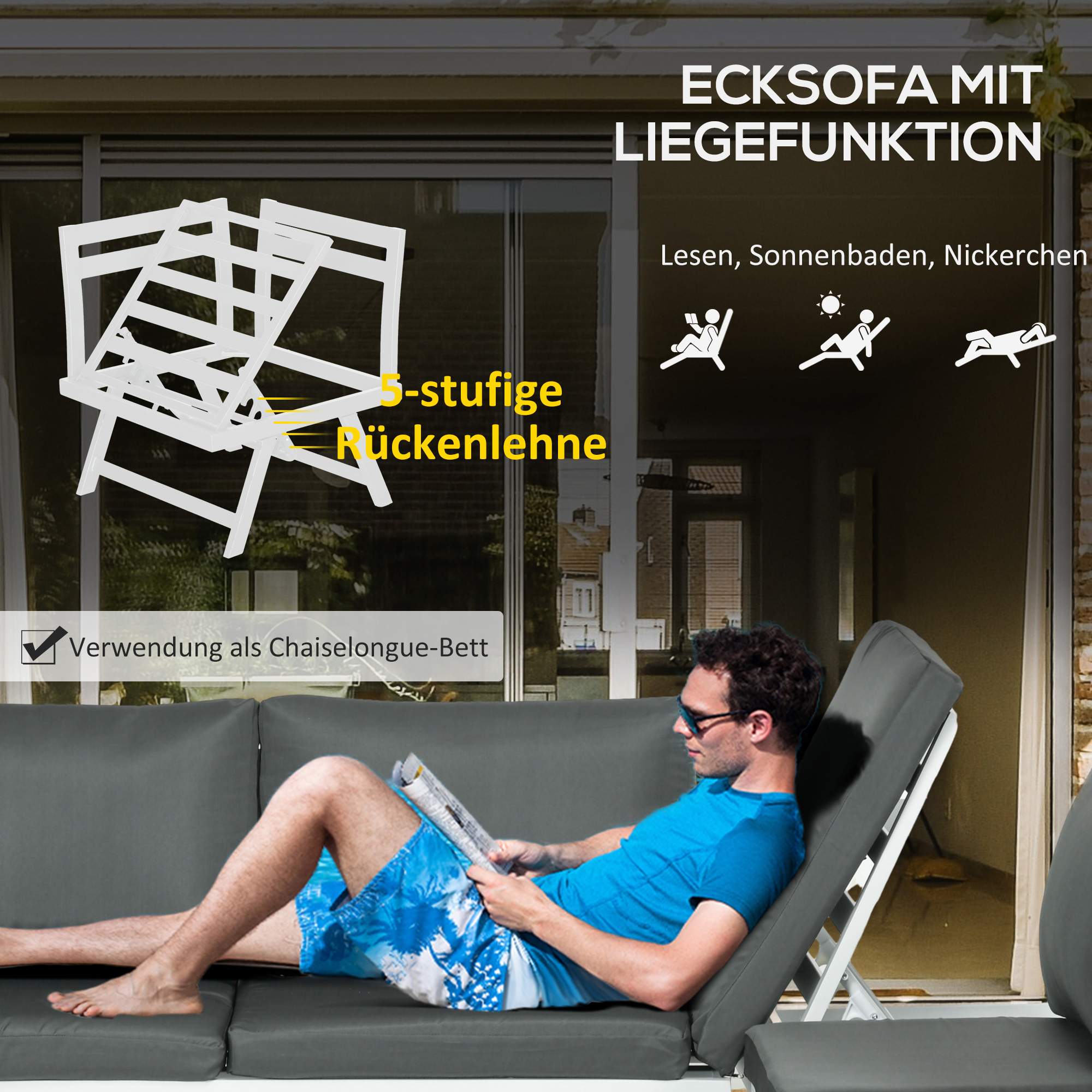 4-teilige Gartensitzgruppe Loungemöbel-Set 4-teilig, 115 cm x 61 cm x 65 cm, Grau + Weiß