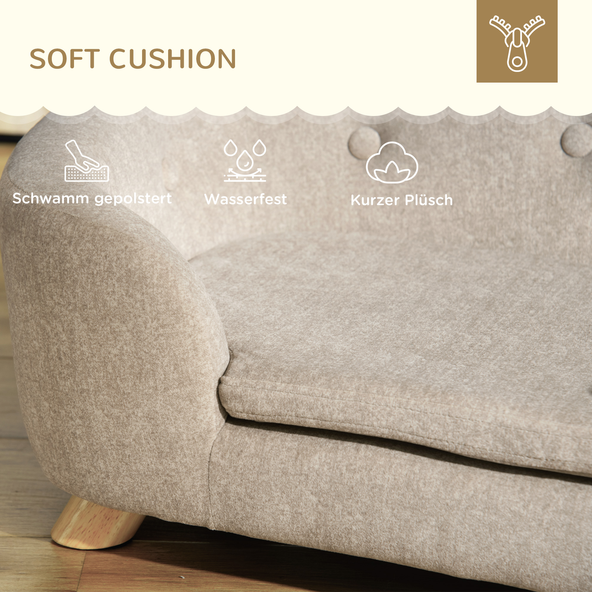Haustiersofa Hundematte Hundebett Hundesofa Hundecouch Katzen Sofa mit Kissen Rückentasche Plüsch Schaumstoff Kiefernholz Cremeweiß 70 x 47 x 30 cm