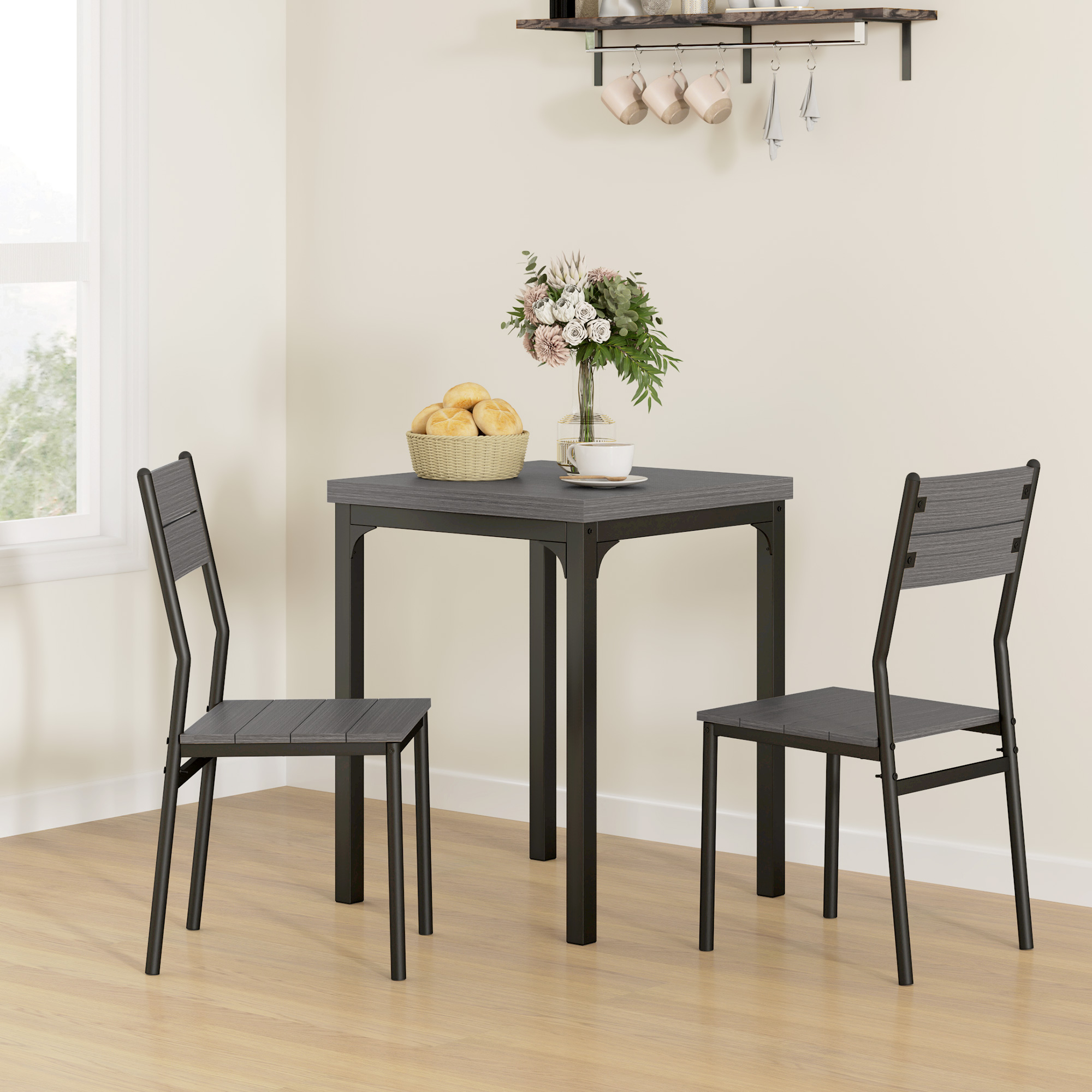 3-teilige Essgruppe, Esstisch-Set, 1 Tisch, 2 Stühle, MDF+Metall, Grau