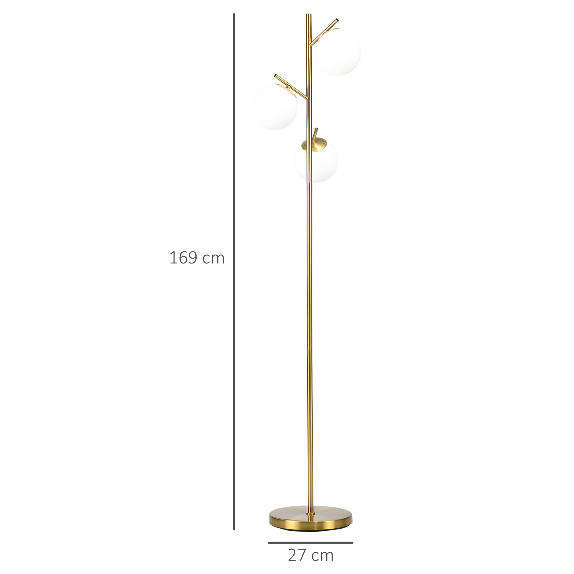 Stehleuchte im Retro-Design, Stehlampe, Stehlampe mit 3 Lampenschirmen, Glas, Gold