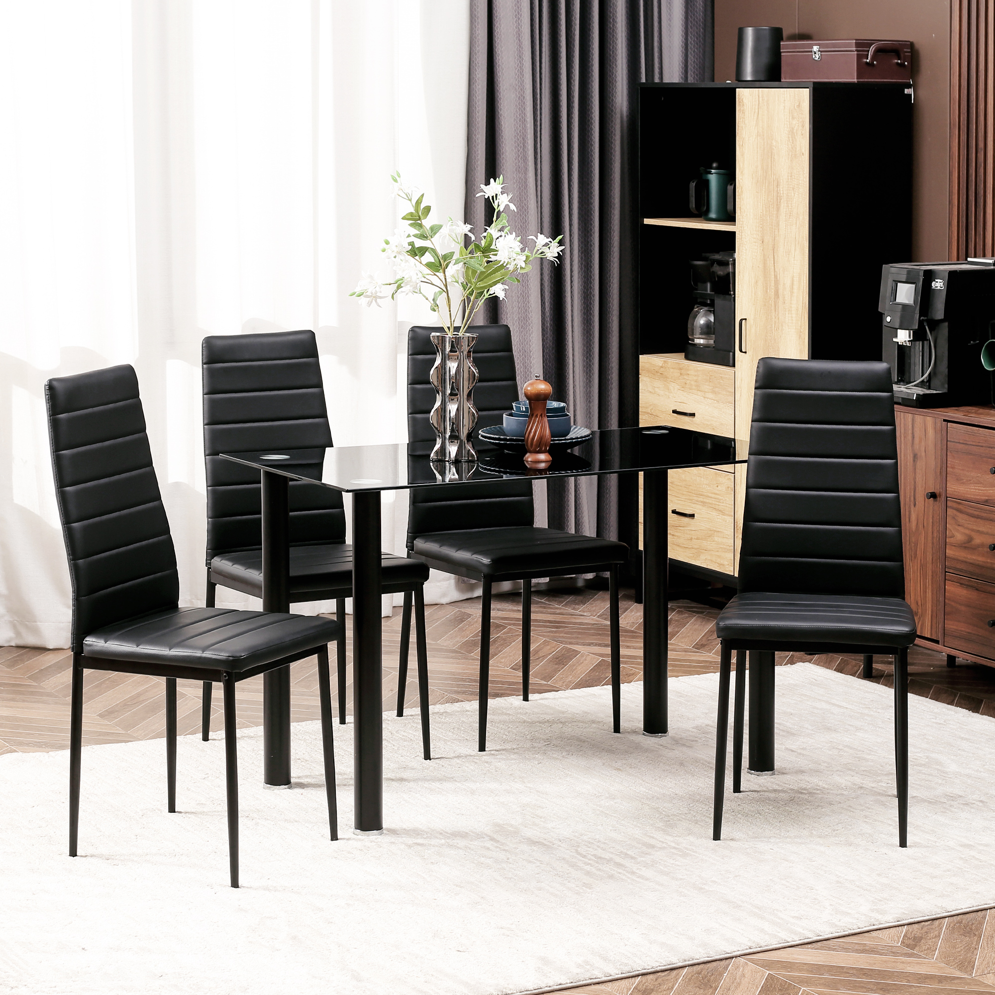 5-tlg. Essgruppe Sitzgruppe Esstisch mit 4 Stühlen, modernes Design, Glastisch, Schwarz