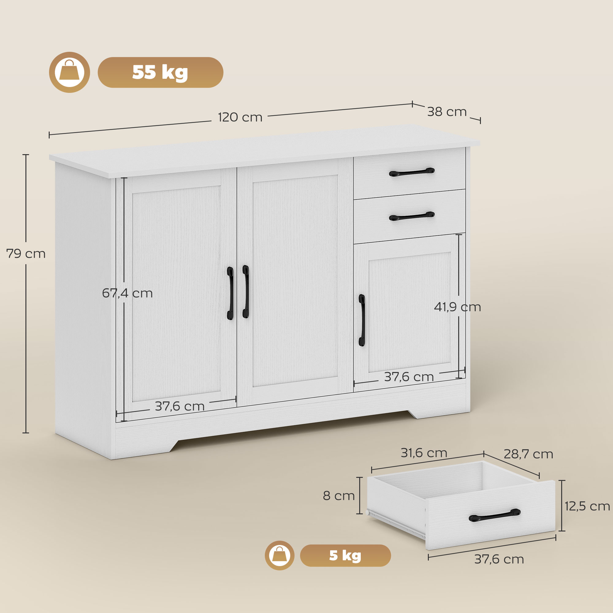 Sideboard mit 2 Schubladen, modernem Aufbewahrungsschrank, verstellbarem Einlegeboden und 3 Türen, Weiß