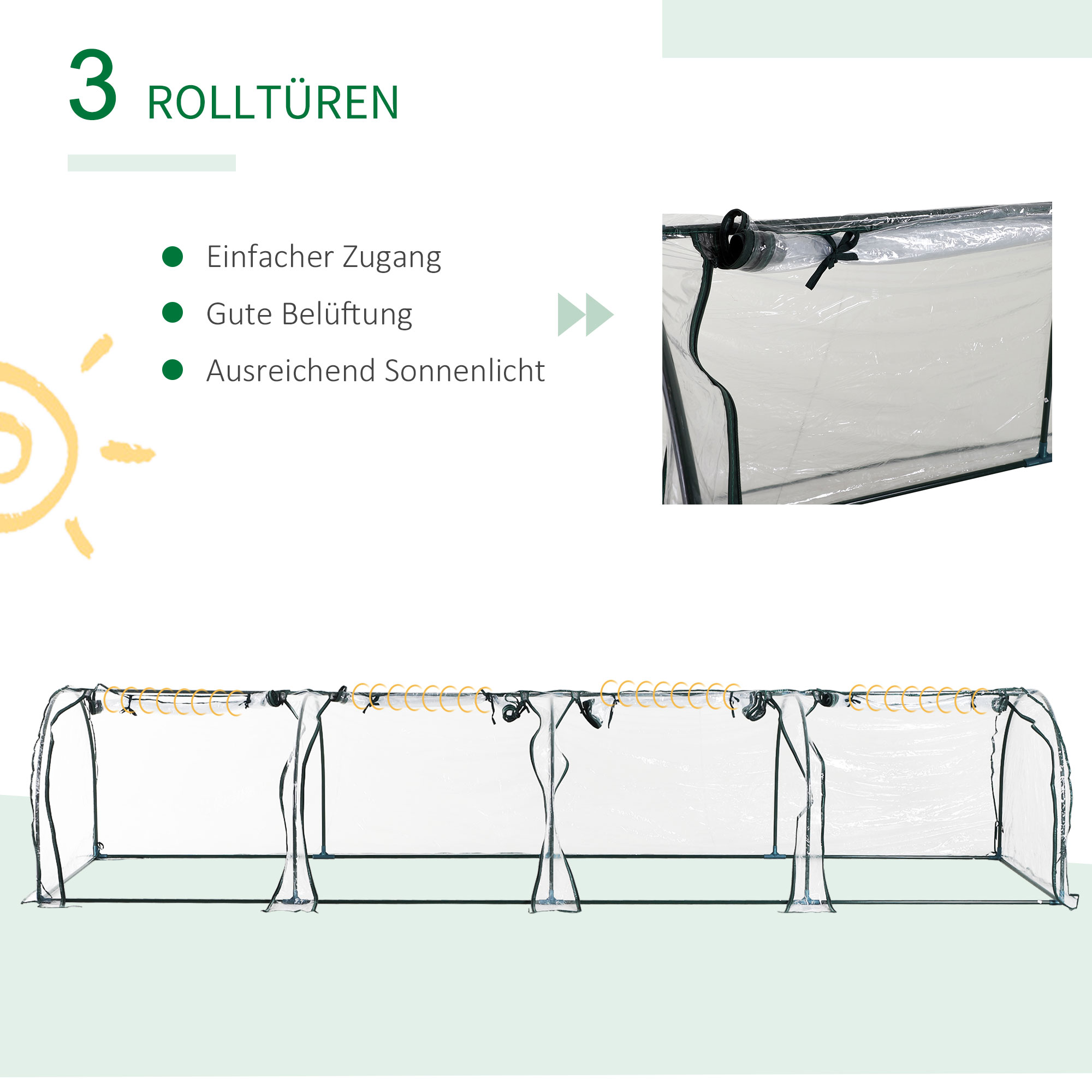 Tunnelgewächshaus, 4 Fenster mit Reißverschluss, Stahlrahmen, robuste Plane, transparent, 395 x 100 x 80cm