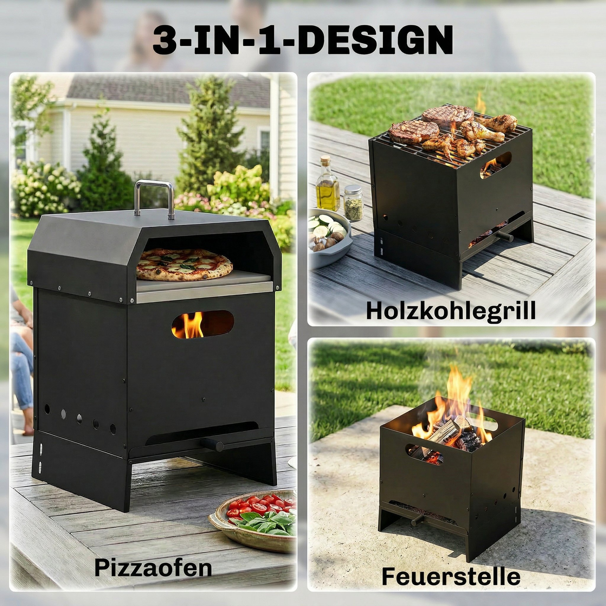 3-in-1 Outdoor Pizzaofen Holzbefeuert Pizza Ofen 2 Ebene Backofen mit Pizzastein Griffen Pizzaschaufel