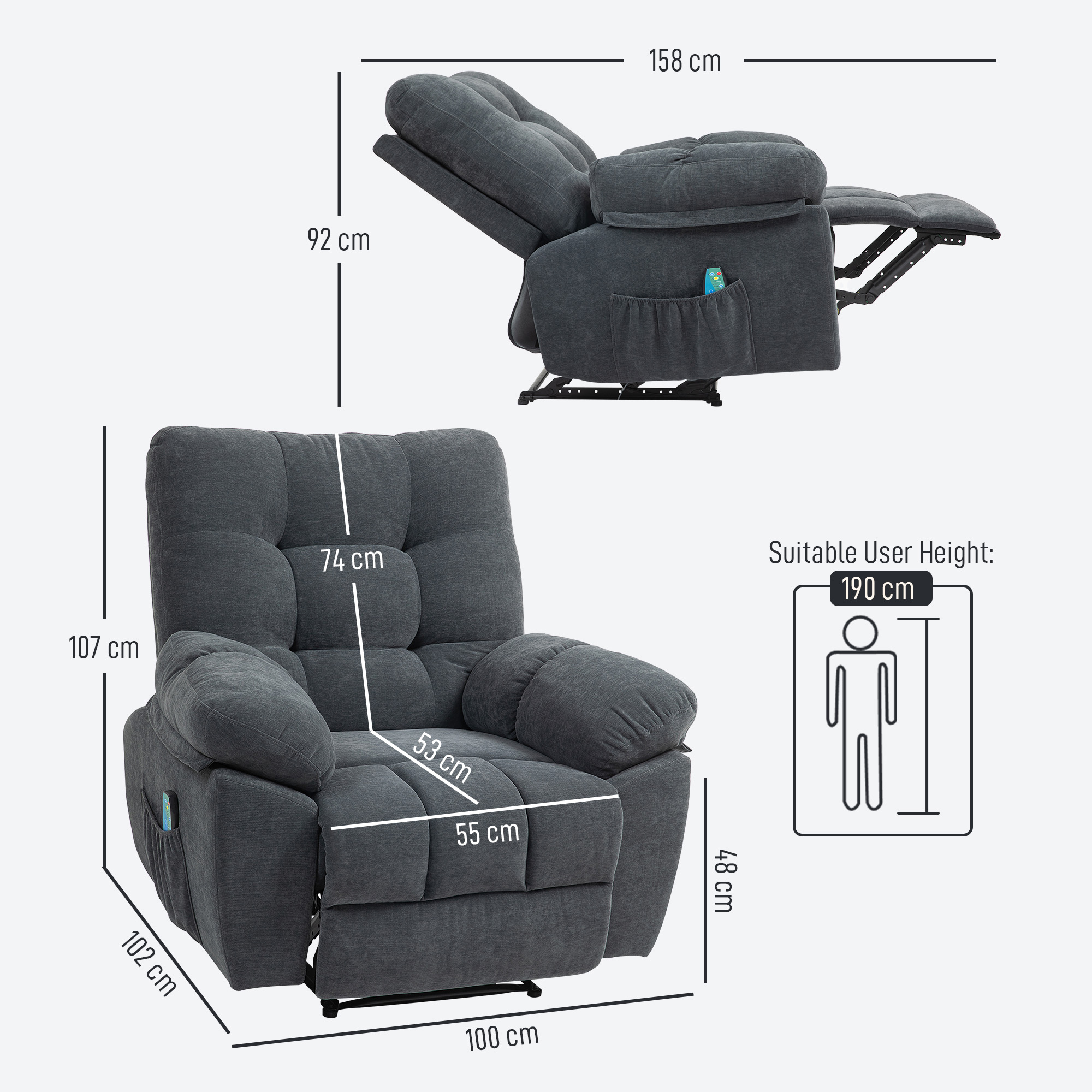 Recliner-Sessel, Massage-Polstersessel mit 8 Vibrationspunkten, verstellbare Fußstütze, Seitentasche, Lehnsessel, Grau