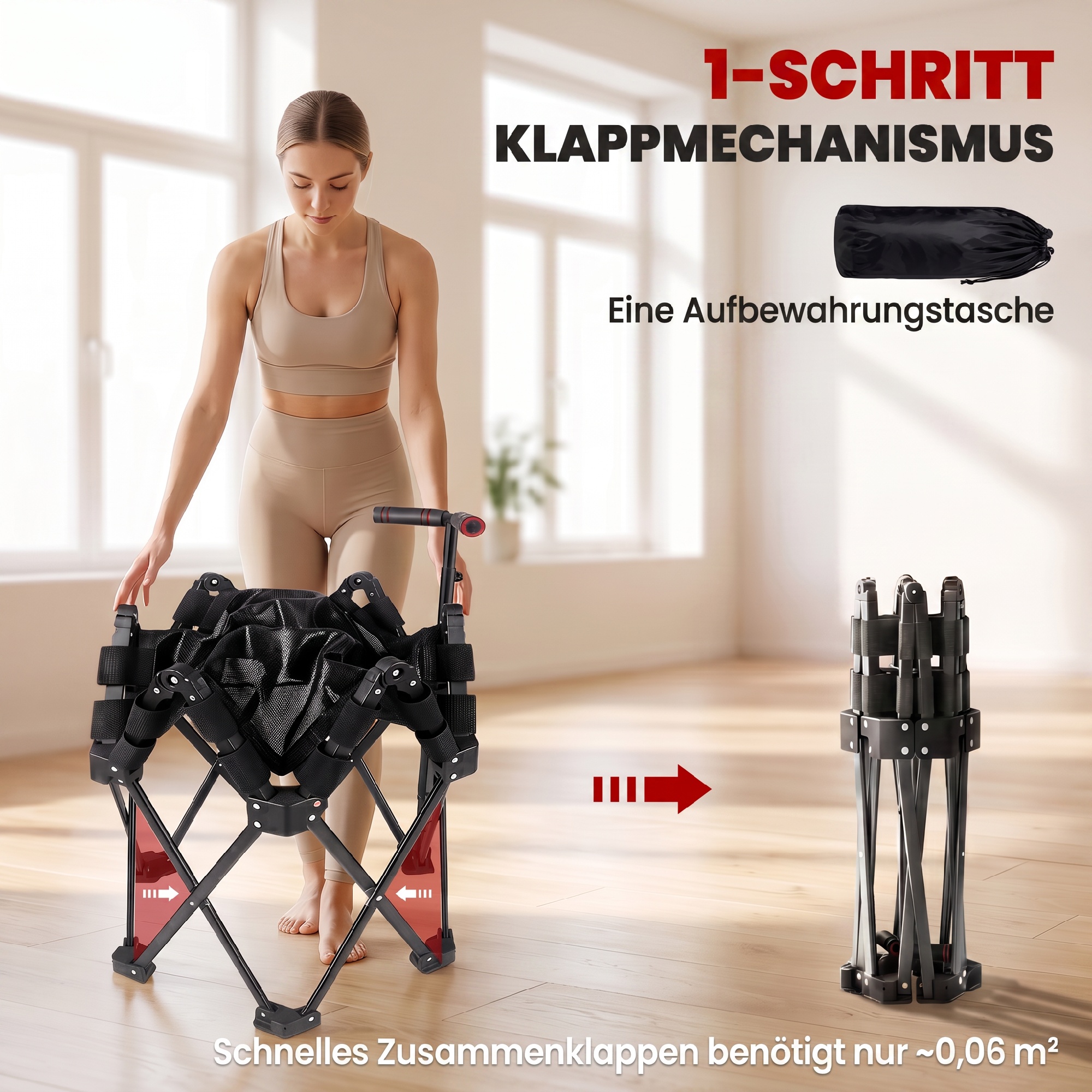 Fitness-Trampolin mit verstellbarem T-Griff, faltbar, Tragetasche, 120 kg Belastbarkeit, Stahl, Kunststoff, Schwarz