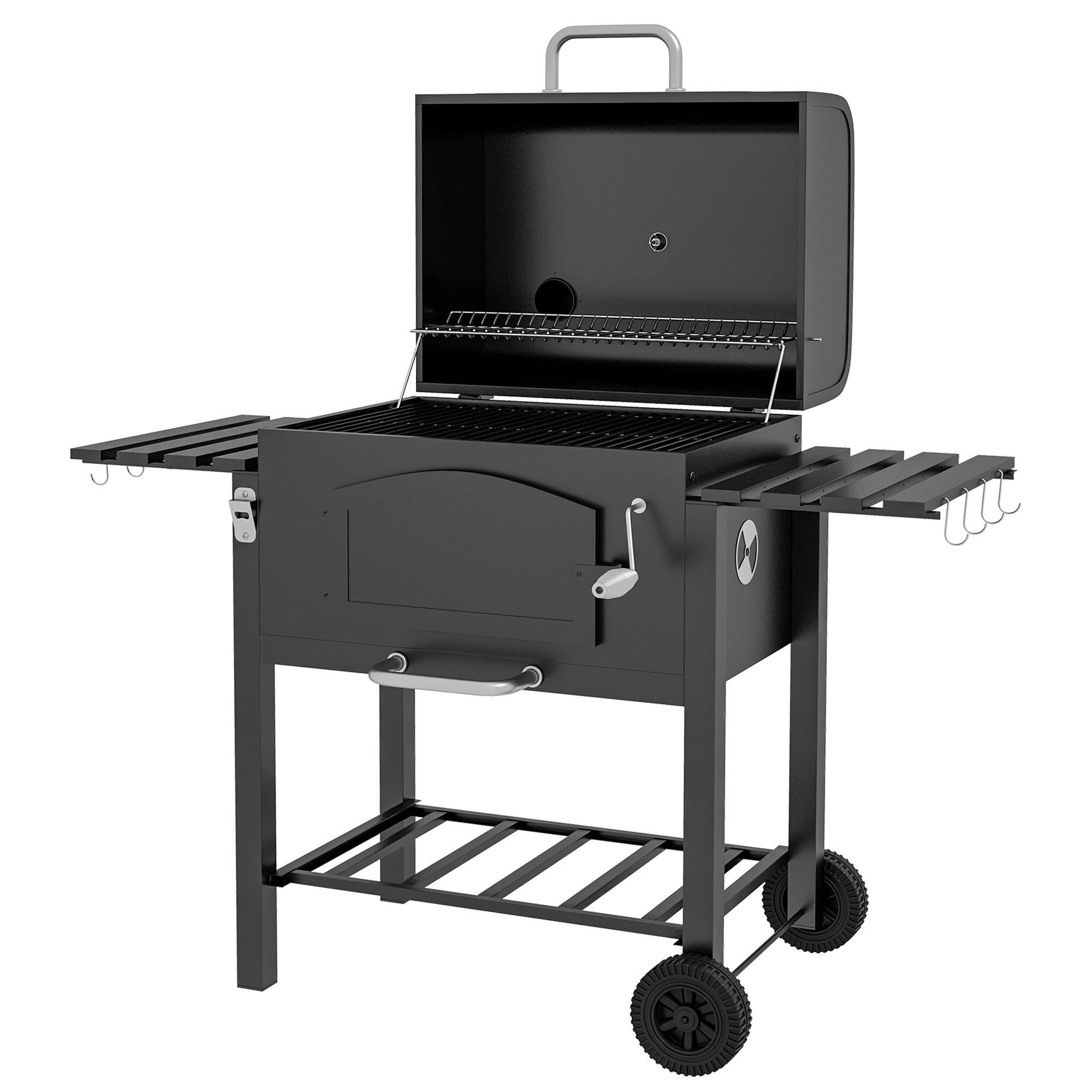 Holzkohlegrill BBQ-Grill Smoker, verstellbares Kohlefach, Seitenablagen, 124 x 66 x 112 cm, Schwarz