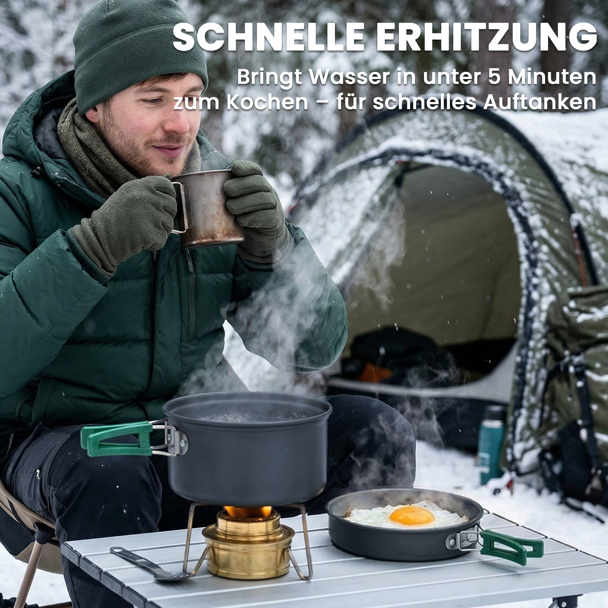 Camping Kochgeschirr Set 8-teiliges Outdoor Geschirr Set mit Anti-Verbrühungsgriffen schnell erhitzend Topf Pfanne Grau