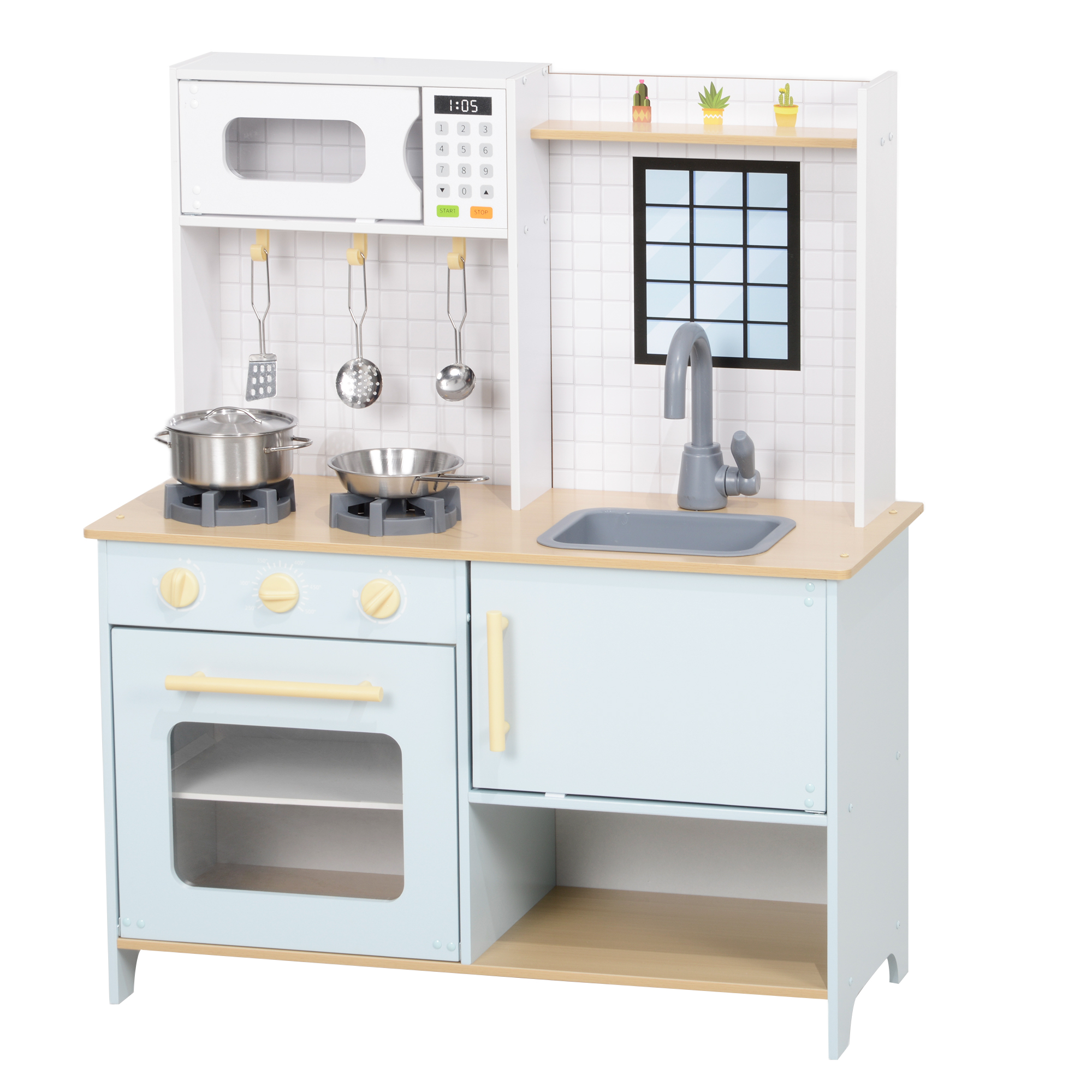 Spielküchen-Set, Kinderküche zum Spielen mit Mikrowelle, Herd und Backofen, Kochutensilien, MDF, Edelstahl, Blau Spielküchen-Set, Kinderküche zum Spielen mit Mikrowelle, Herd und Backofen, Kochutensilien, MDF, Edelstahl, Blau