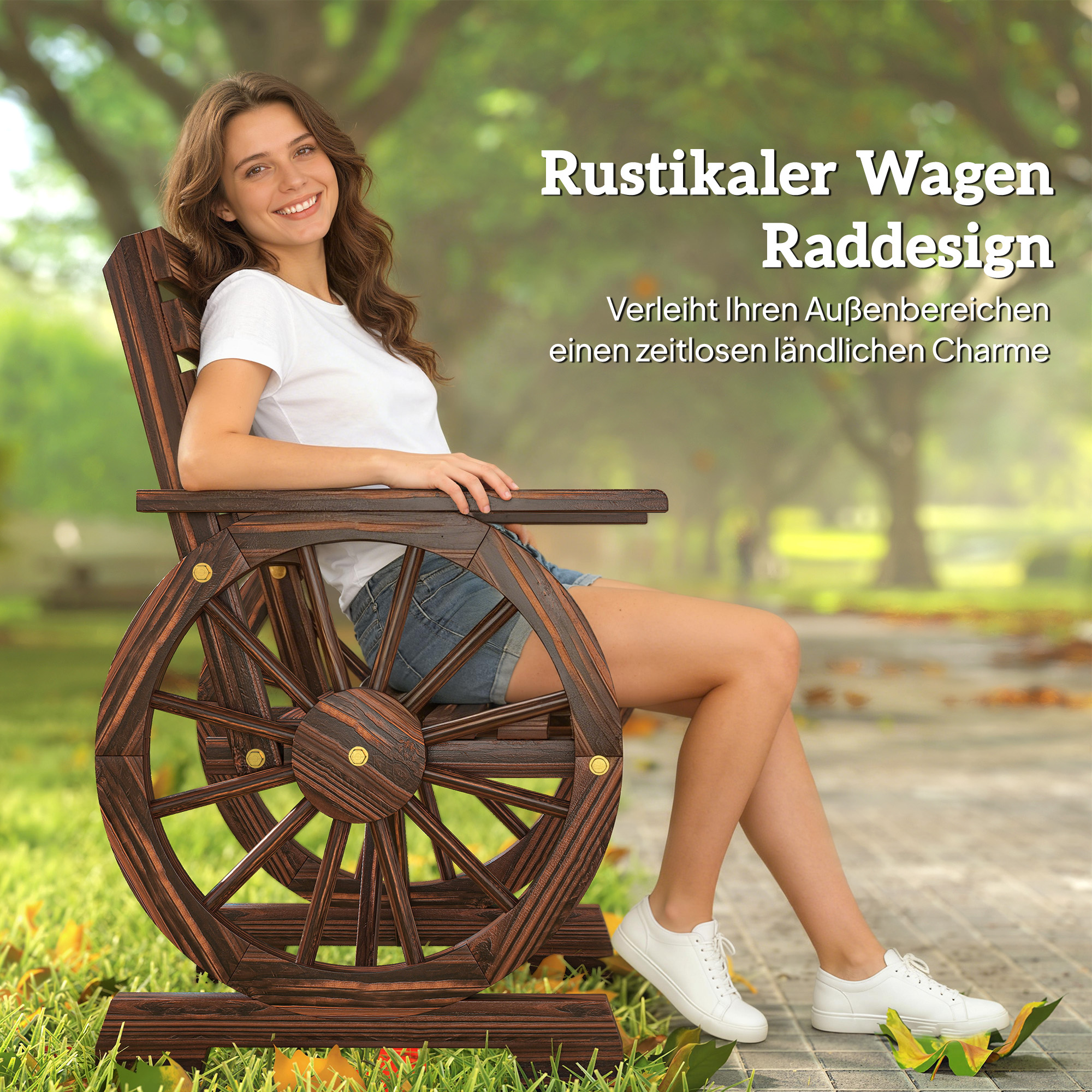 Gartenstuhl Holz Gartensessel mit Wagenräder-Design, Holzstuhl im Landhausstil Verkohlt