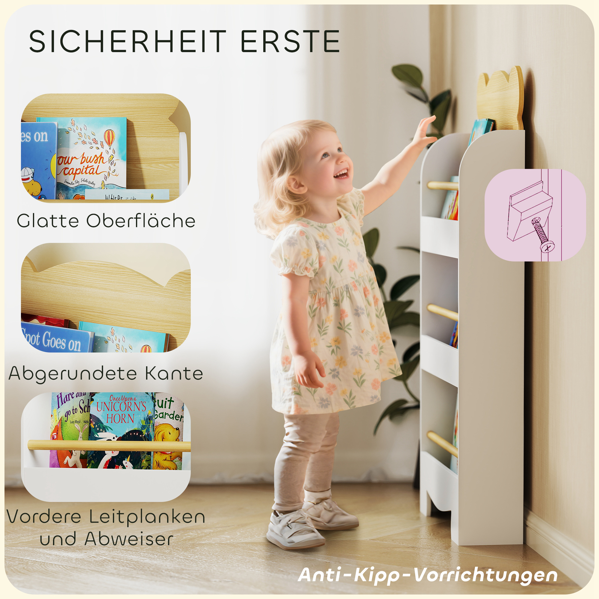 Bücherregal für Kinder Kinderregal mit 3 Ablagen Aufbewahrungsregal aus Holz 55x15x110cm Naturholz