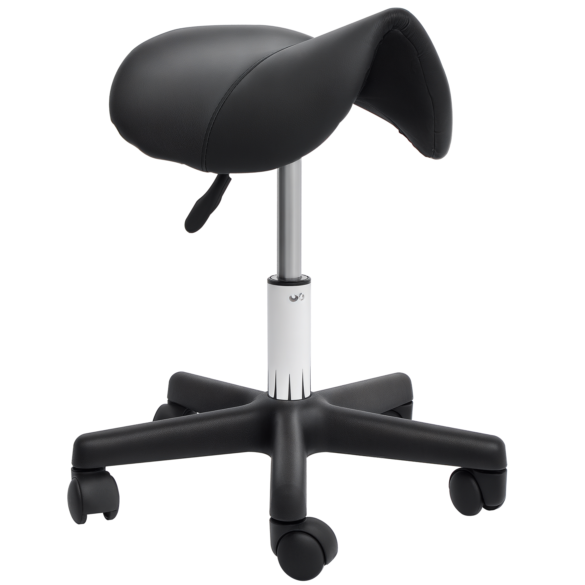 Rollhocker, sattelförmiger Sitz, höhenverstellbar, um 360° drehbar, Kunstleder, schwarz, 35 x 38 x 45-55 cm Rollhocker, sattelförmiger Sitz, höhenverstellbar, um 360° drehbar, Kunstleder, schwarz, 35 x 38 x 45-55 cm