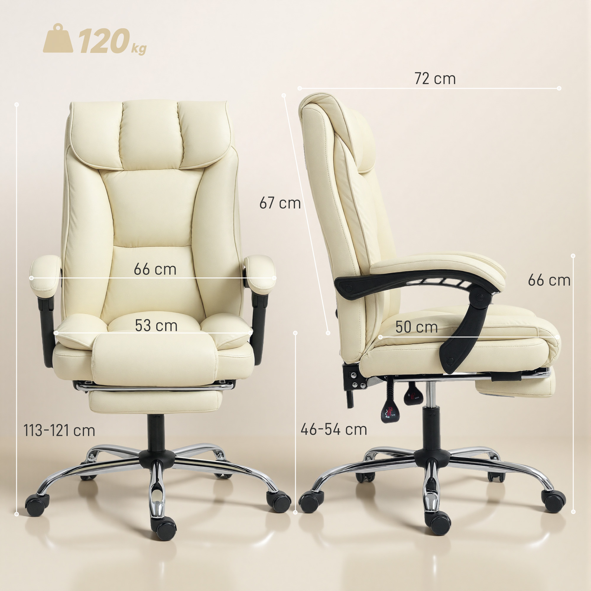 Ergonomischer Bürostuhl mit Fußstütze, Kunstleder-Bezug, rollbar, drehbar, Metall, Beige+Schwarz