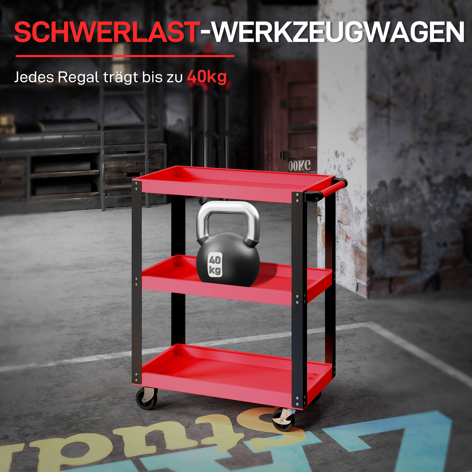 Werkzeugwagen mit 3 Ebenen, Metallrahmen, 120 kg Belastbarkeit, Rollen, Griff, Rot