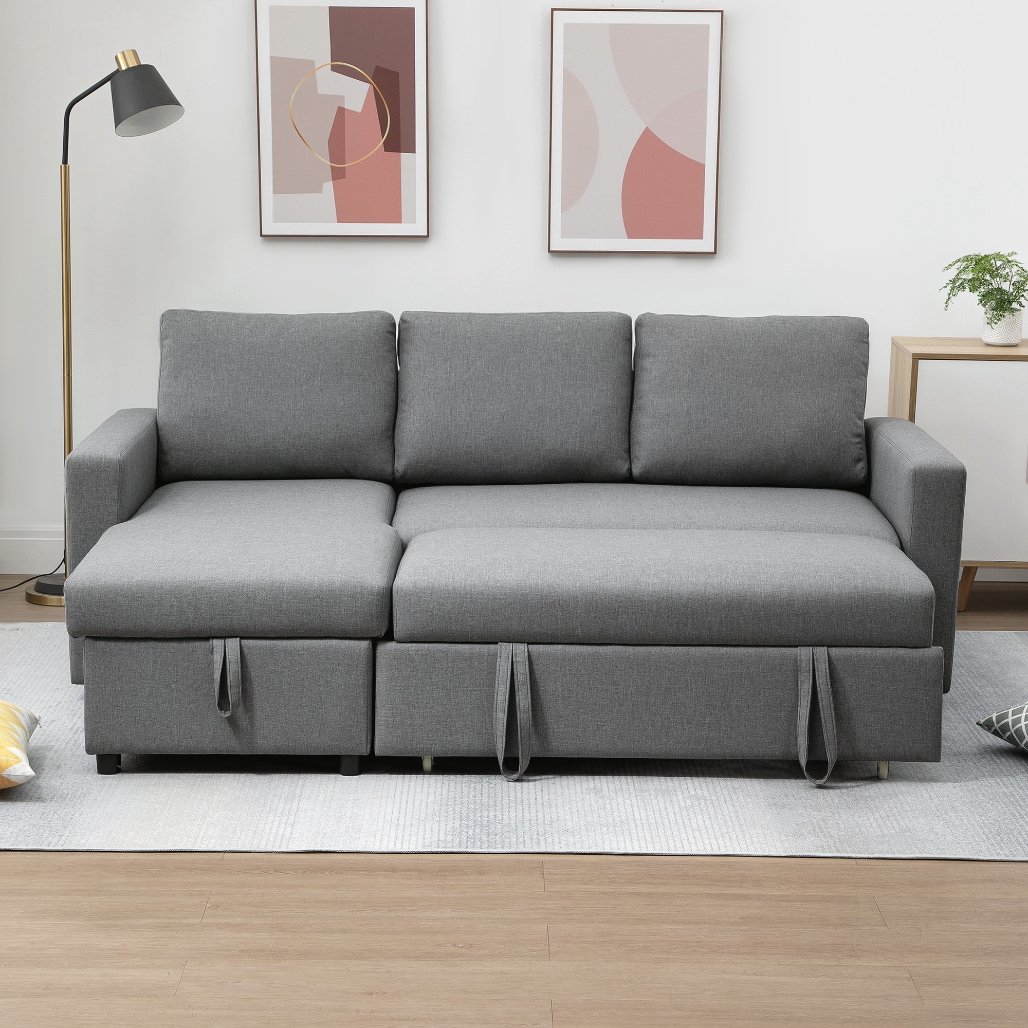 Ecksofa mit Schlaffunktion Stauraum Eckcouch mit Bettkasten Chaiselongue Schlafsofa Stoffsofa L-Form Leinen-Touch Hellgrau 211,5 x 146 x 85 cm