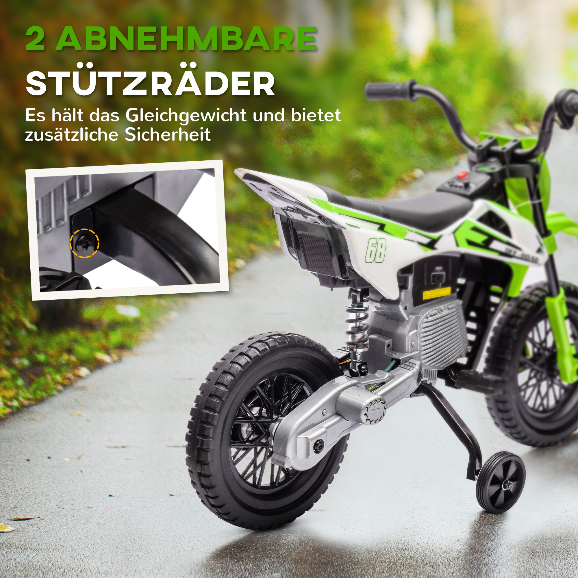 Elektro-Motorrad für Kinder, 12V Kindermotorrad mit Musik, Kinderfahrzeug mit Trainingsrädern, 3-6 Jahre, Grün