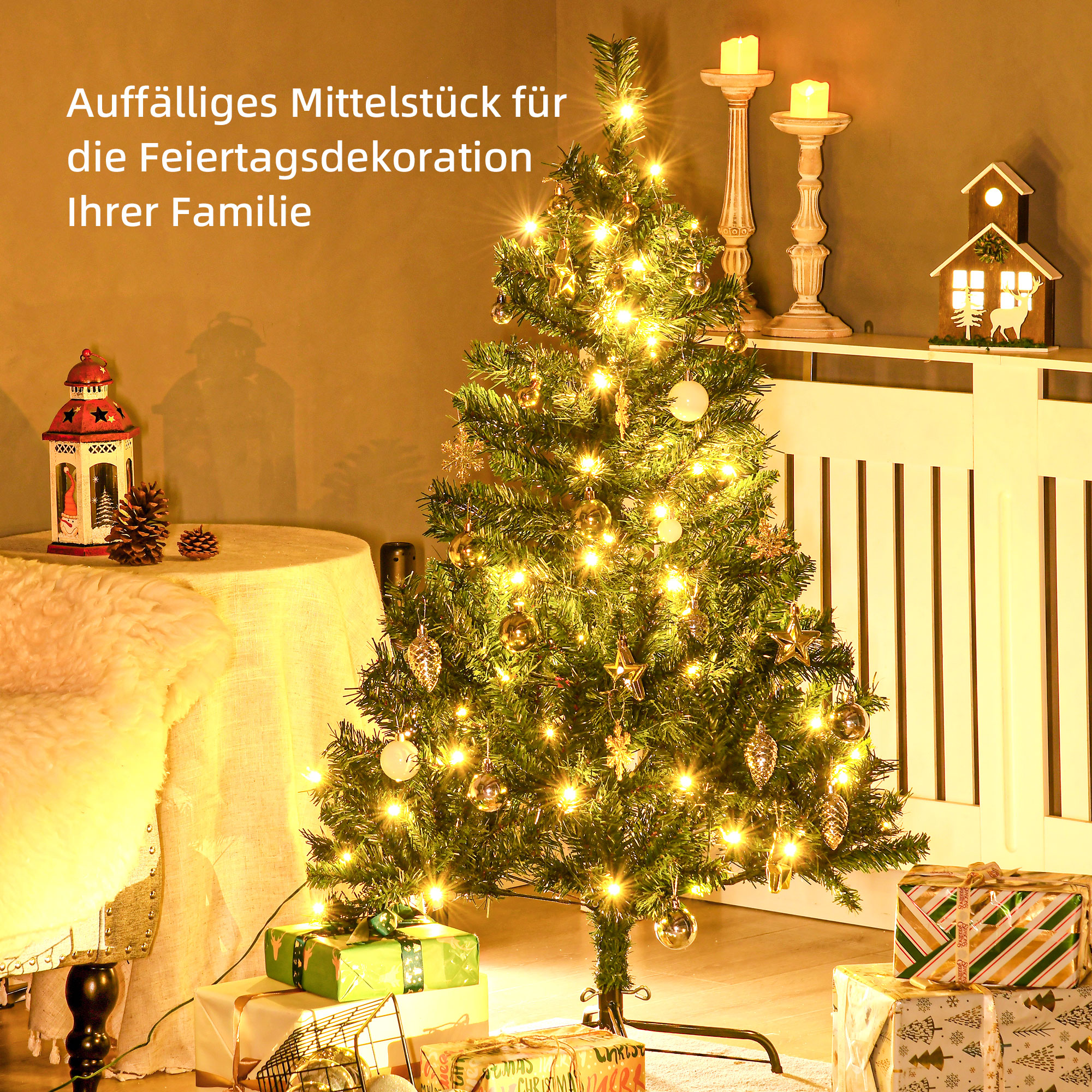 Weihnachtsbaum Christbaum Kunsttanne, 1,2m, LEDs, inkl. Stern, 75 cm x 75 cm x 120 cm, Grün