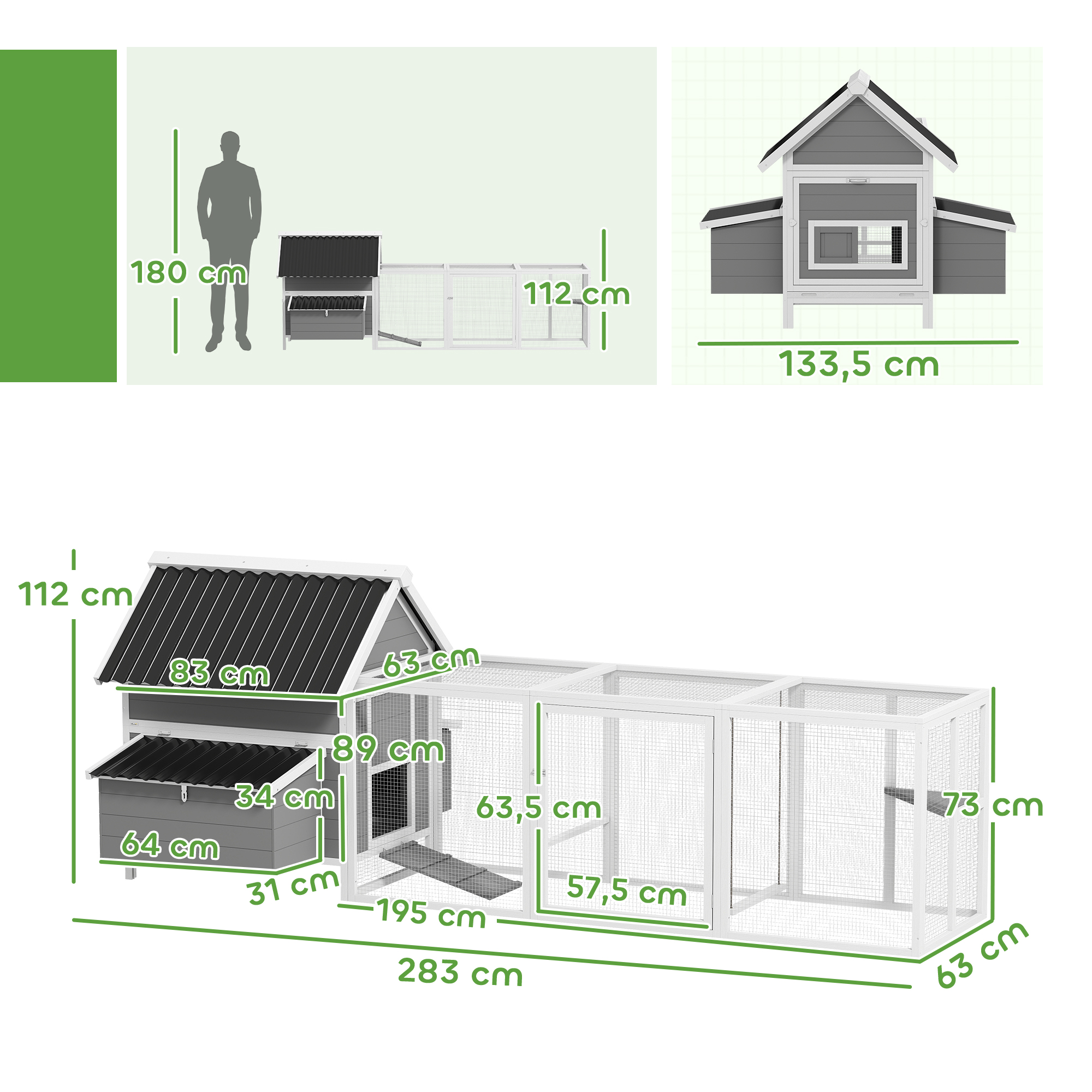 Großer Hühnerstall für 7-10 Hühner, Sitzstangen, Schaukel, Fenster, Nistkästen, Maschendraht, Grau
