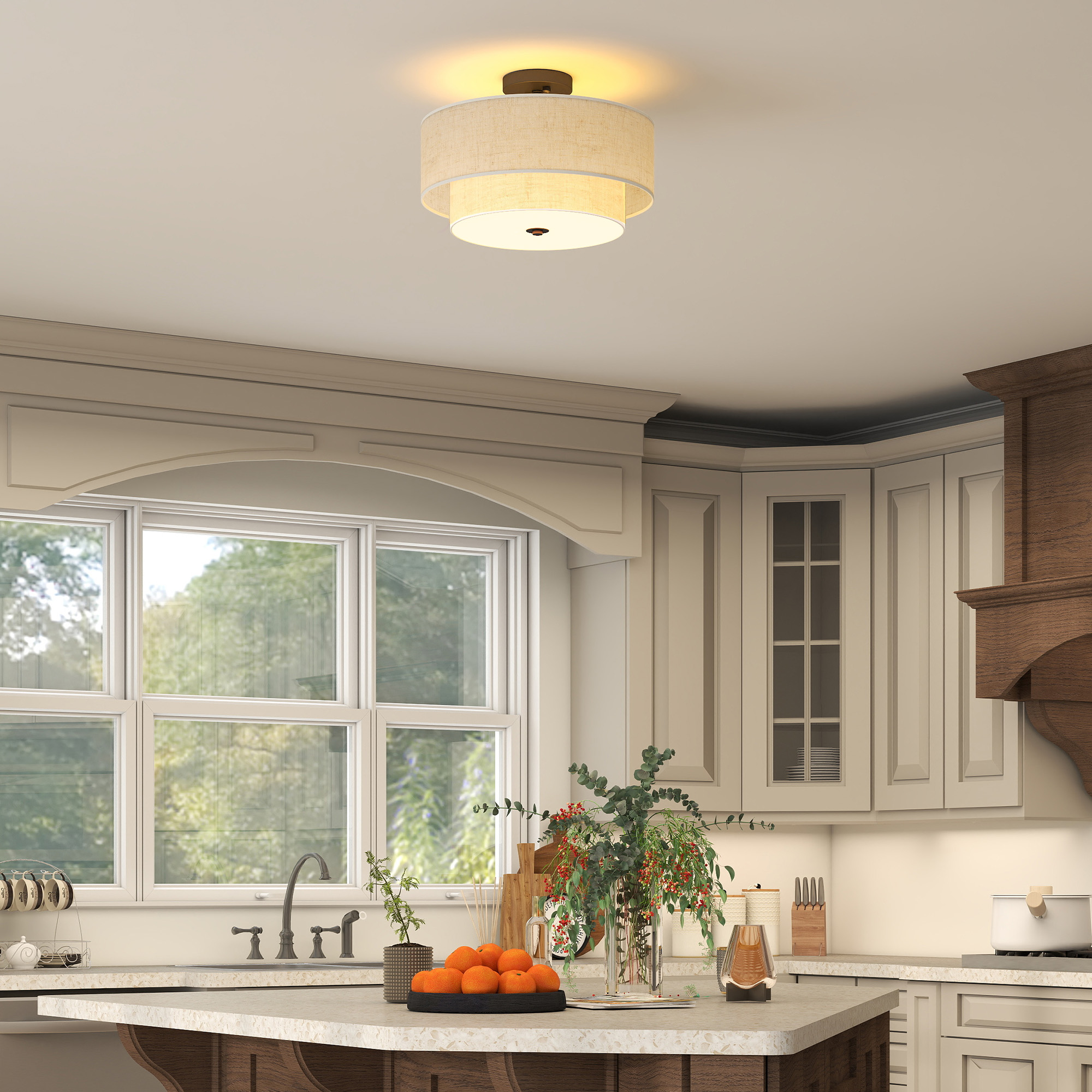 Deckenlampe, Hängeleuchte mit doppelten Schirmen in Leinenoptik, Cremeweiß