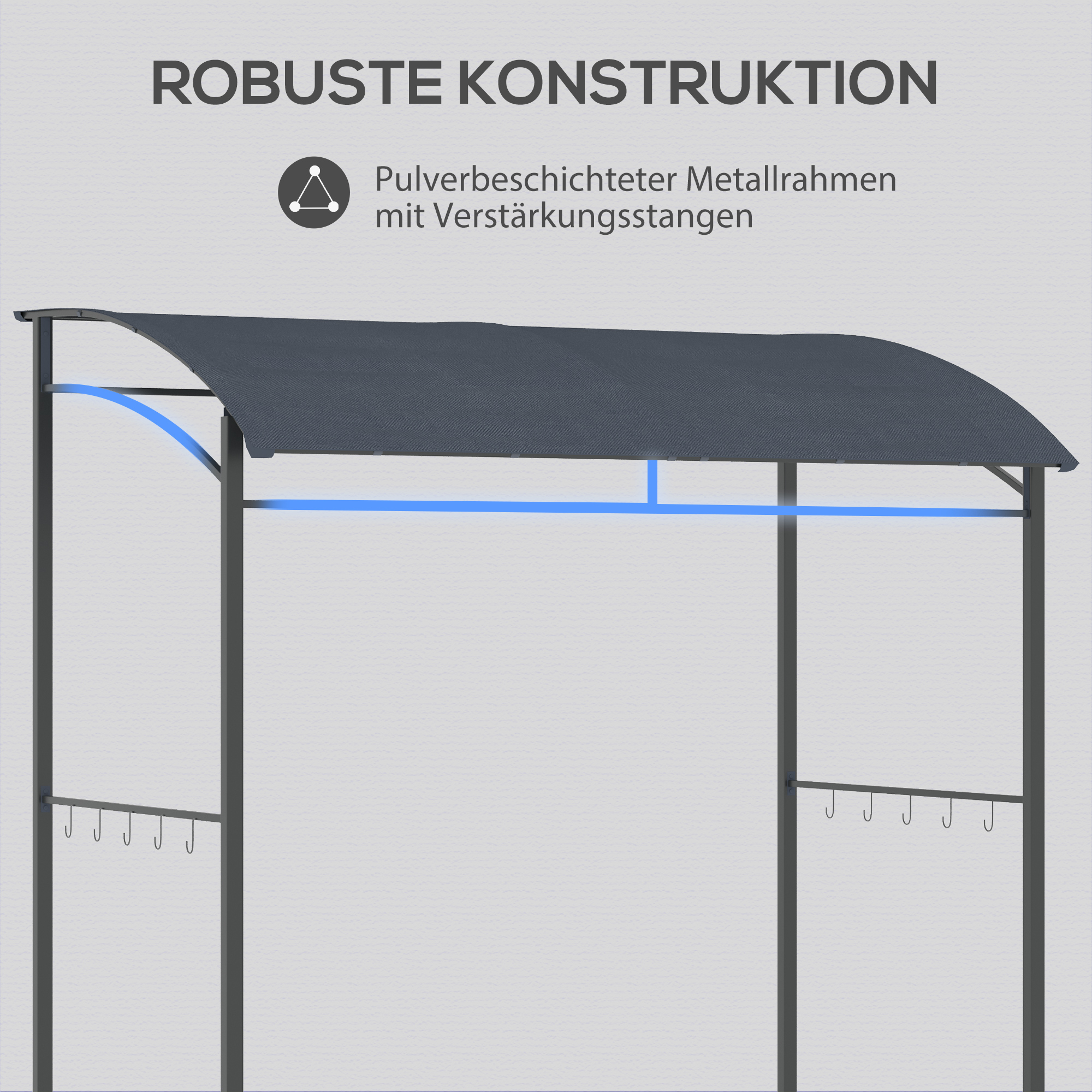 Grillpavillon, Grillüberdachung, Regenschutz, Haken für Utensilien, Stahlrahmen, grau, 215 x 150 x 174/220 cm