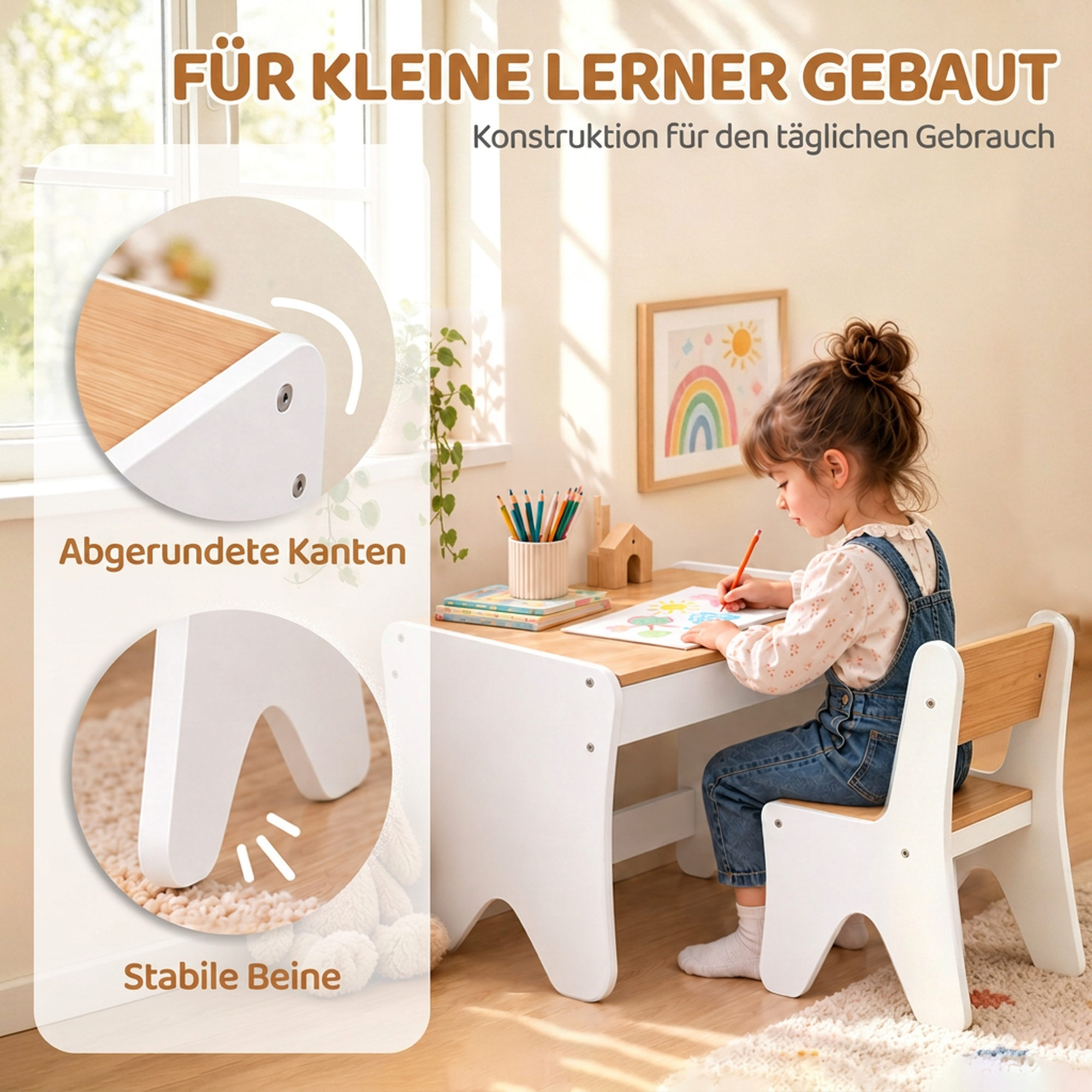 Kindertisch mit Stuhl 2 teilige Kindersitzgruppe mit Schublade Abgerundete Kanten, Platzsparend für Kinder 3-8